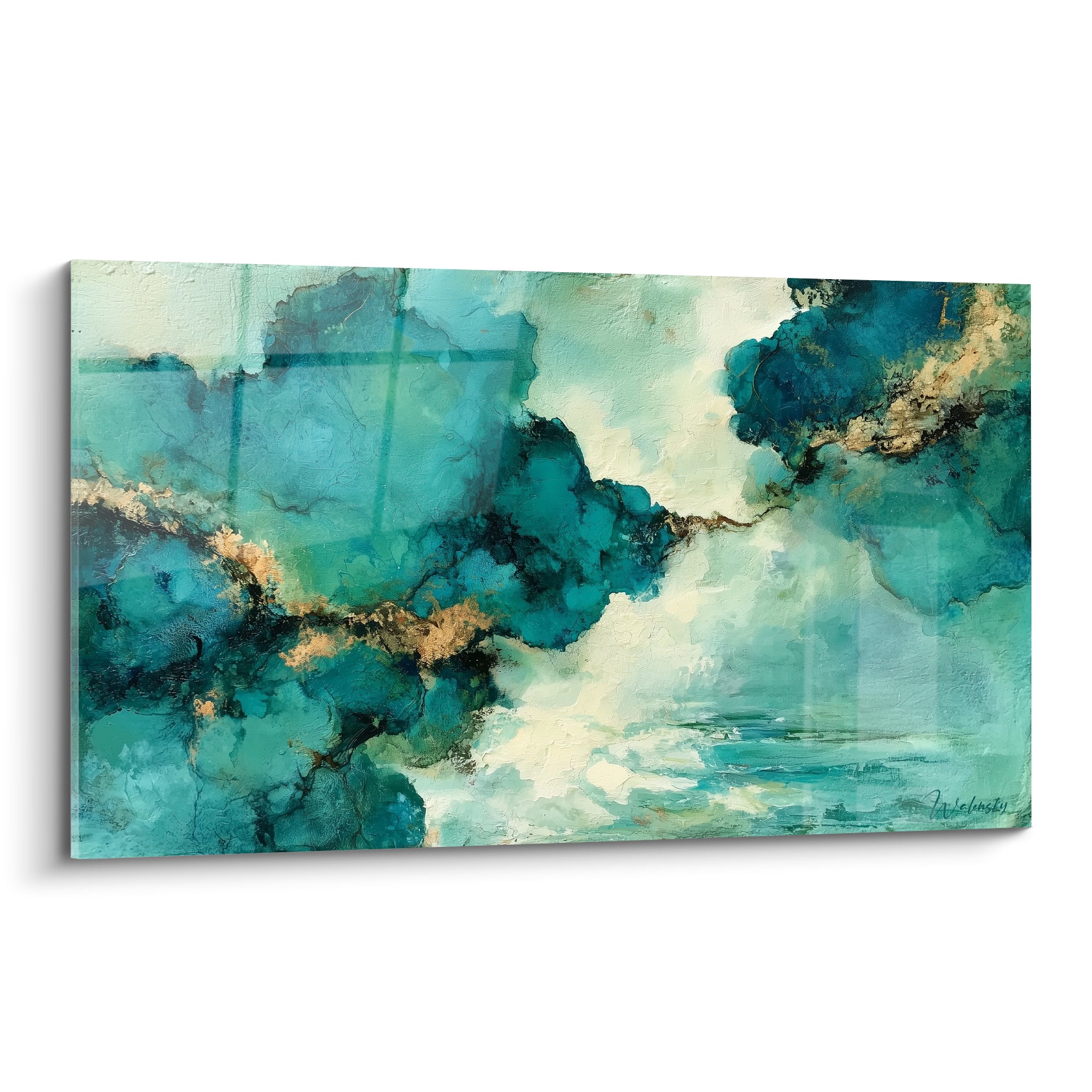 Marbrures turquoise et dorées fracturant un fond ivoire, style peinture abstrait à l'encre alcool
