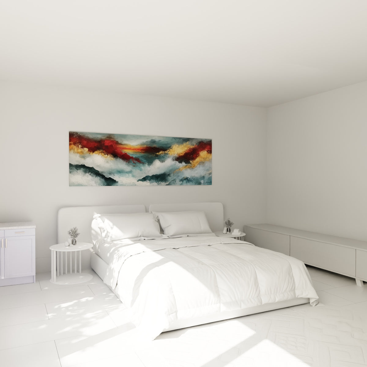 Mer déchaînée aux tons bleu pétrole et rouge crépuscule, style Peinture abstrait, au-dessus d'un lit dans une chambre claire