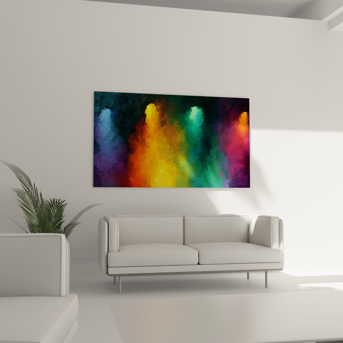 Nuances orangées et émeraude du tableau style Peinture abstrait au-dessus d'un canapé dans un salon lumineux