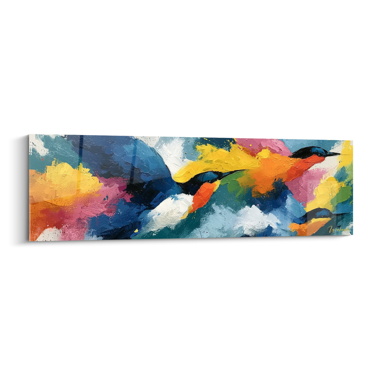 Deux oiseaux bleu marine et jaune en plein envol, style Peinture abstrait aux empâtements colorés
