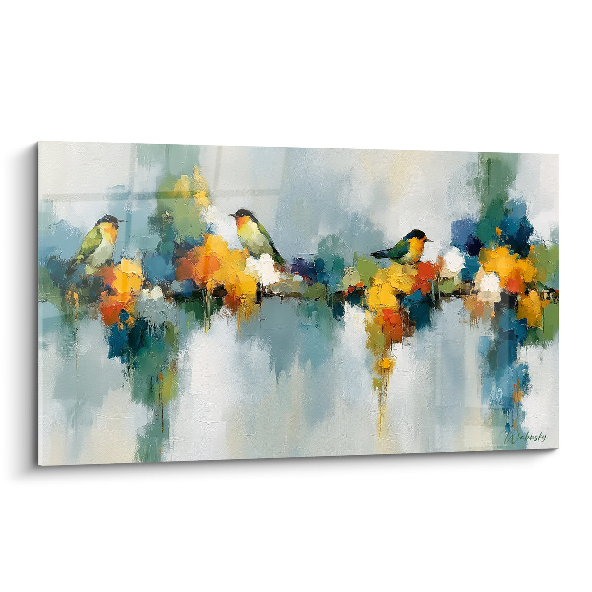 Trois oiseaux verts perchés sur fond bleu pastel et ocre, style peinture abstrait aux empâtements texturés