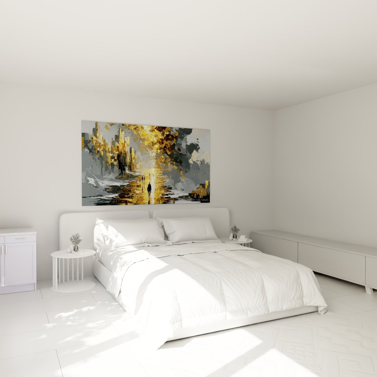 Passant solitaire sur fond doré et gris, tableau style peinture abstrait au-dessus d'un lit dans une chambre claire