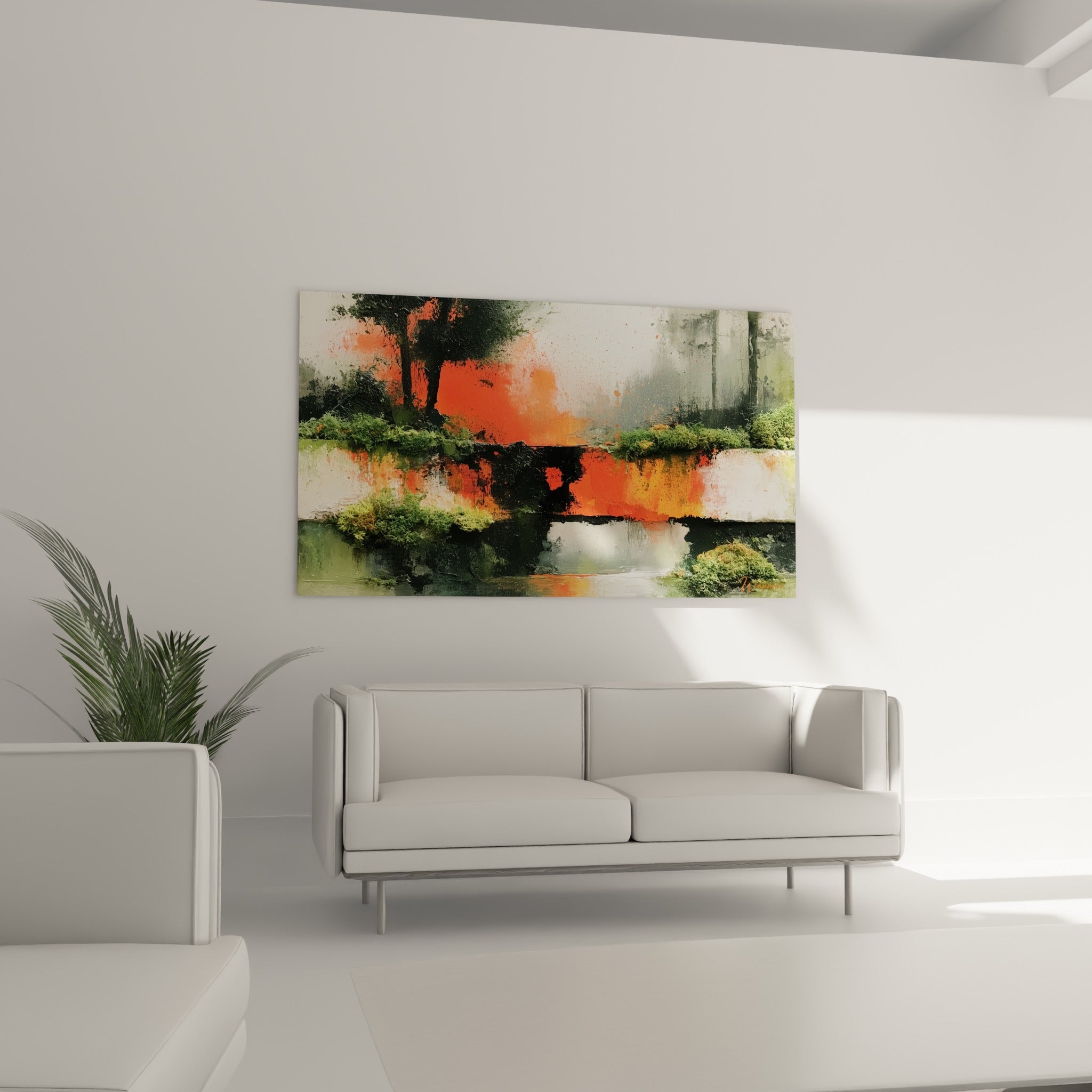 Composition orange et anthracite style Peinture abstrait accrochée au-dessus d'un canapé dans un salon lumineux