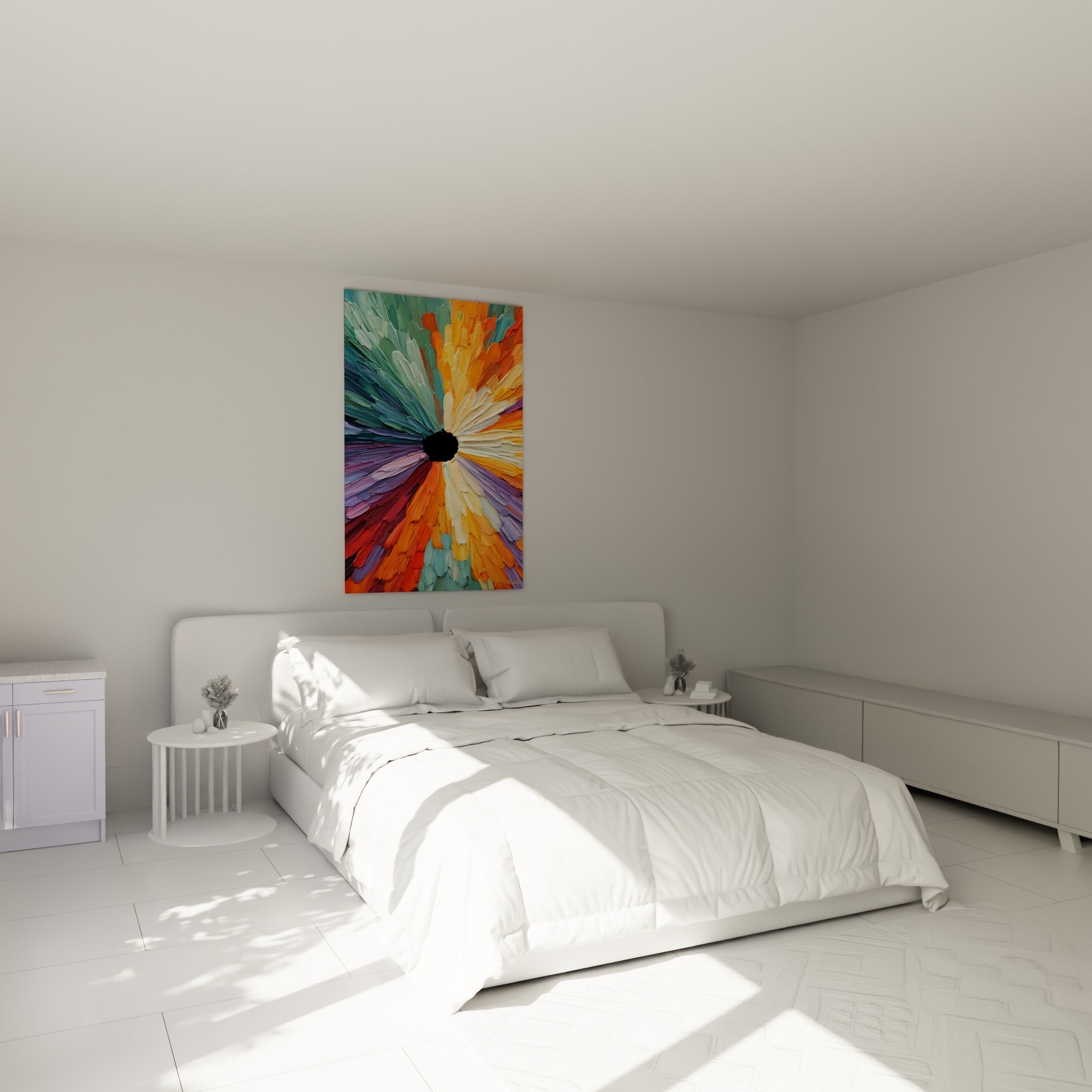 Pétales orange, violet et sarcelle jaillissant d'un centre noir, au-dessus d'un lit dans une chambre claire