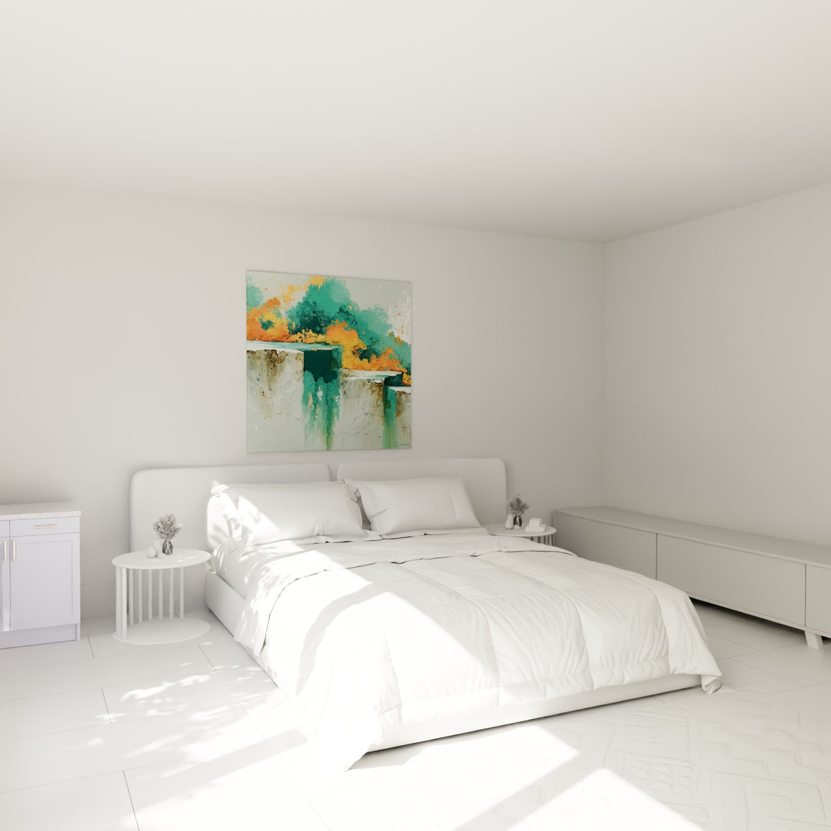 Pierre blanche et flammes orangées du style Peinture abstrait, accrochées au-dessus d'un lit dans une chambre claire