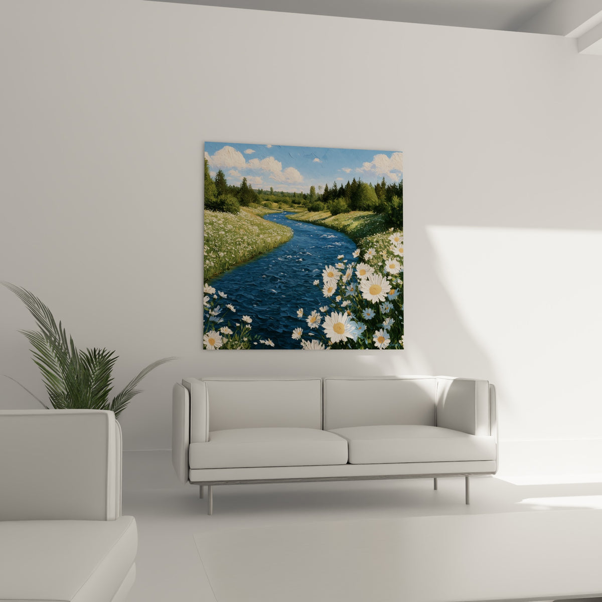 Prairie verte et cours d'eau bleu marine ponctué de fleurs blanches, au-dessus d'un canapé dans un salon lumineux