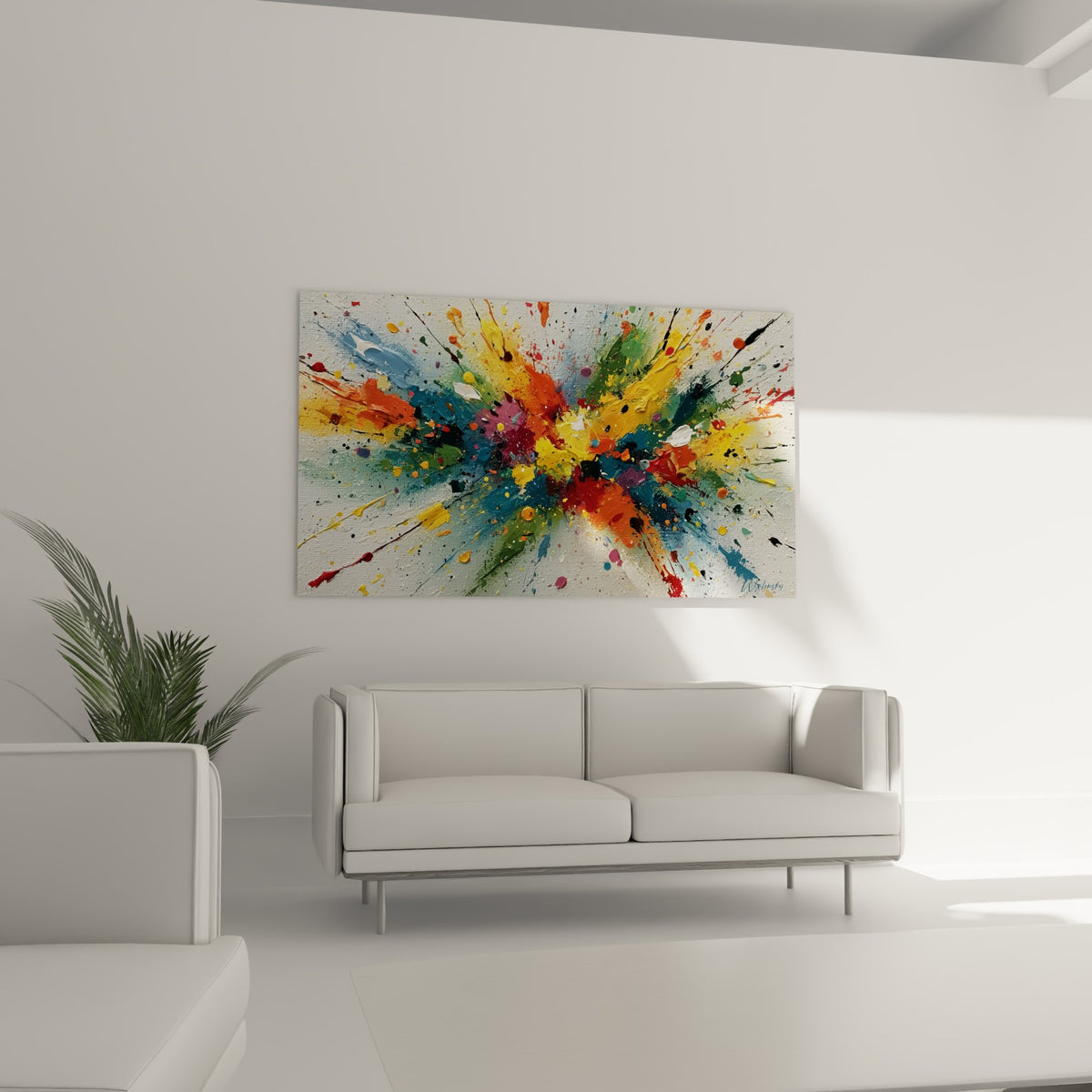 Projection colorée bleu pétrole et rouge du style Peinture abstrait au-dessus d'un canapé dans un salon lumineux
