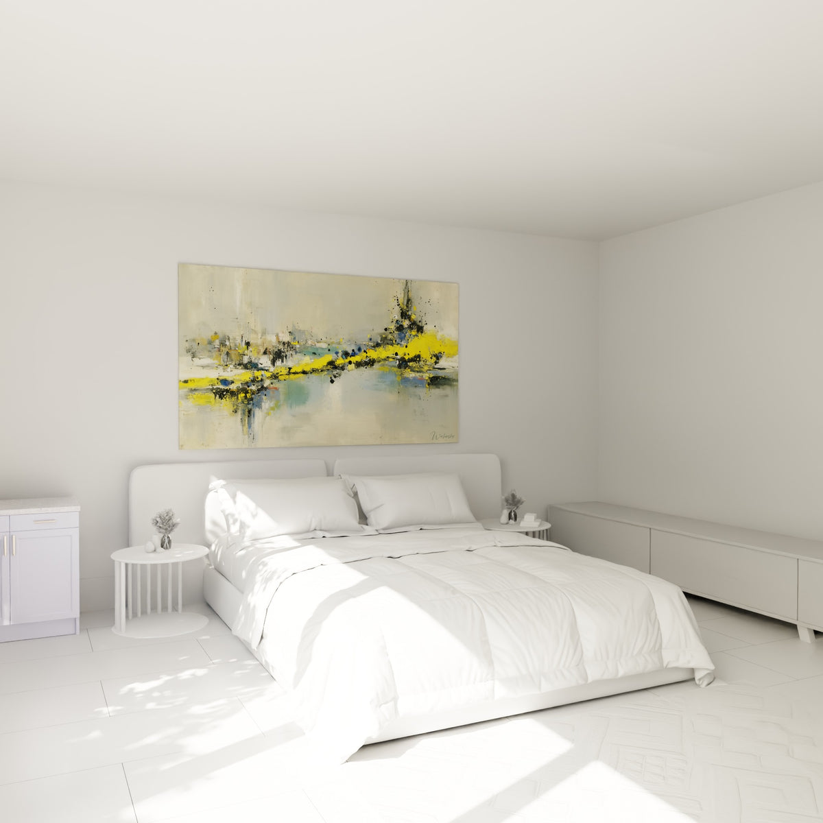 Éclaboussures jaunes et bleu pastel d'un port abstrait, au-dessus d'un lit dans une chambre claire