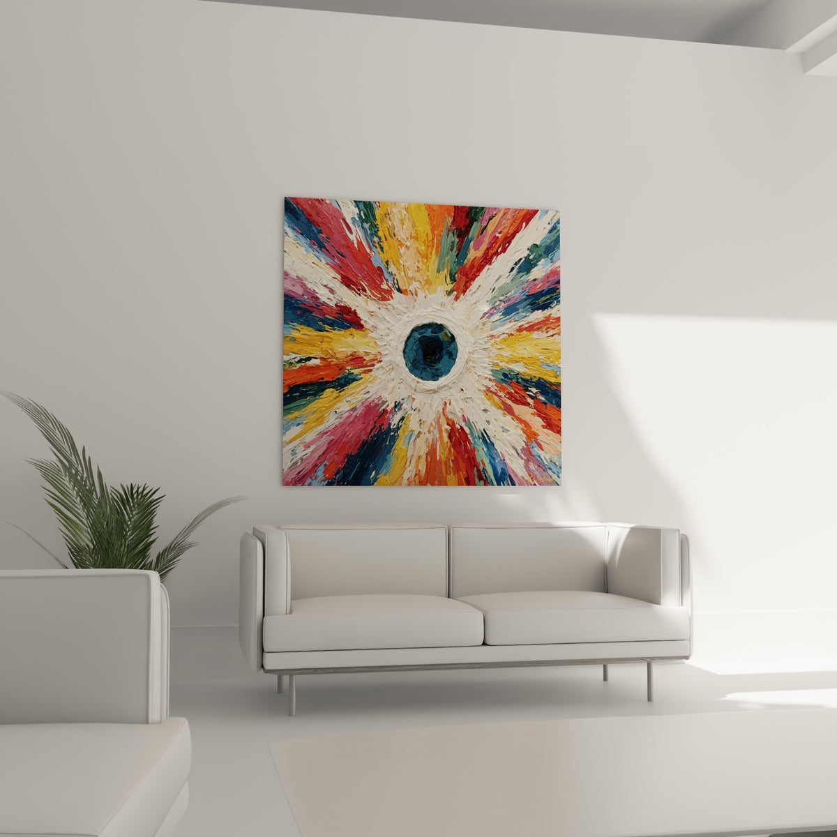 Éclat radial rouge et vert sauge autour d'un puits bleu profond, au-dessus d'un canapé dans un salon lumineux