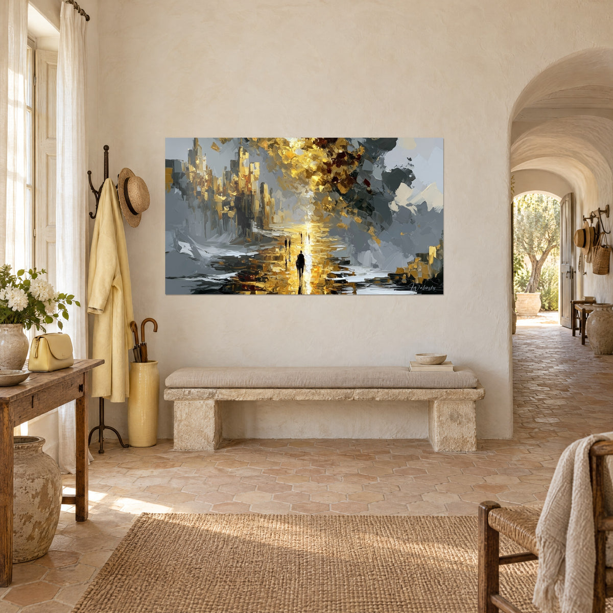 Wall art lone walker on wet golden pavement, grey and ochre skyscrapers, for the cream walls of a Provençal farmhouse