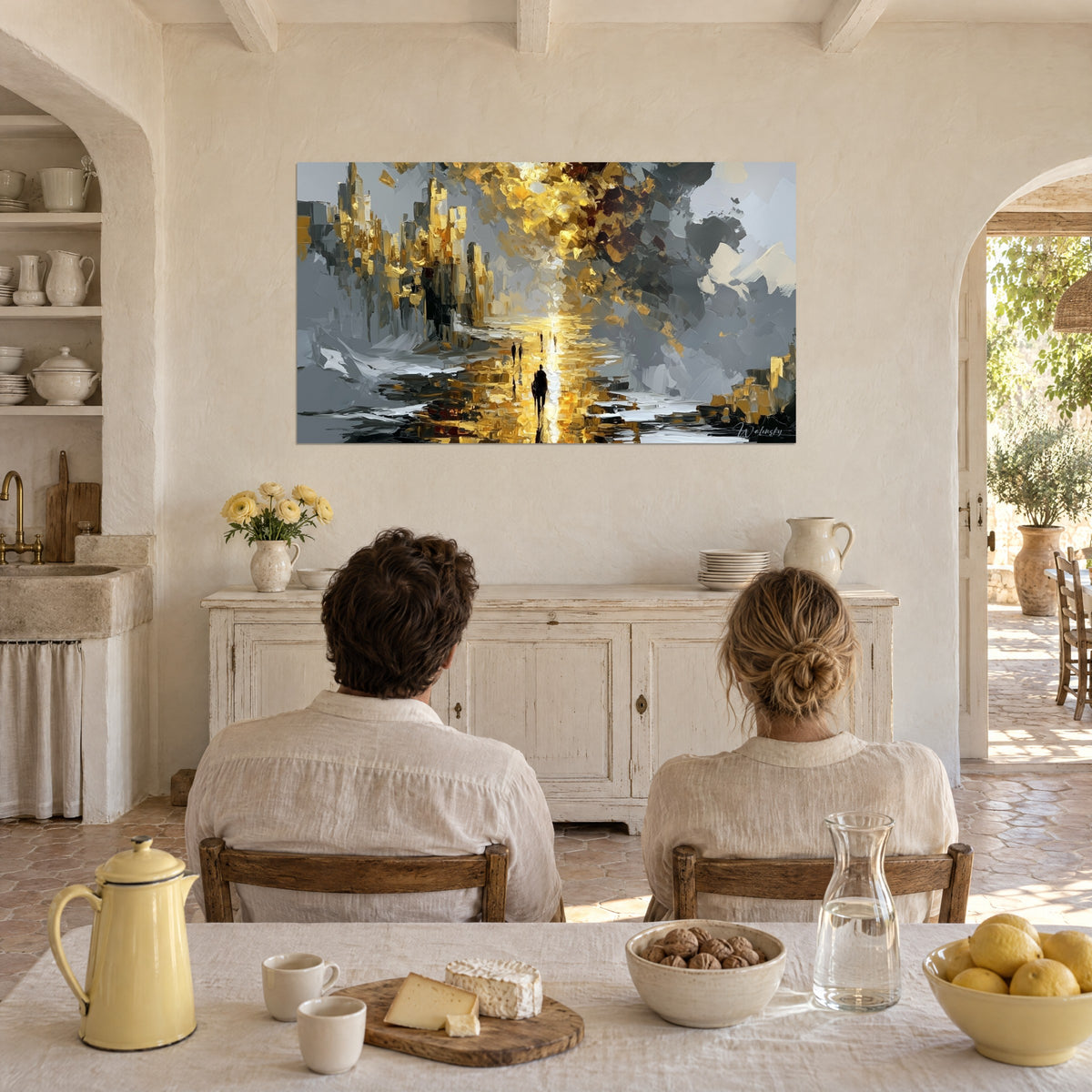 Wall art liquid honey reflections on grey asphalt, thick palette-knife strokes in ivory, in a sunny vaulted room of a farmhouse