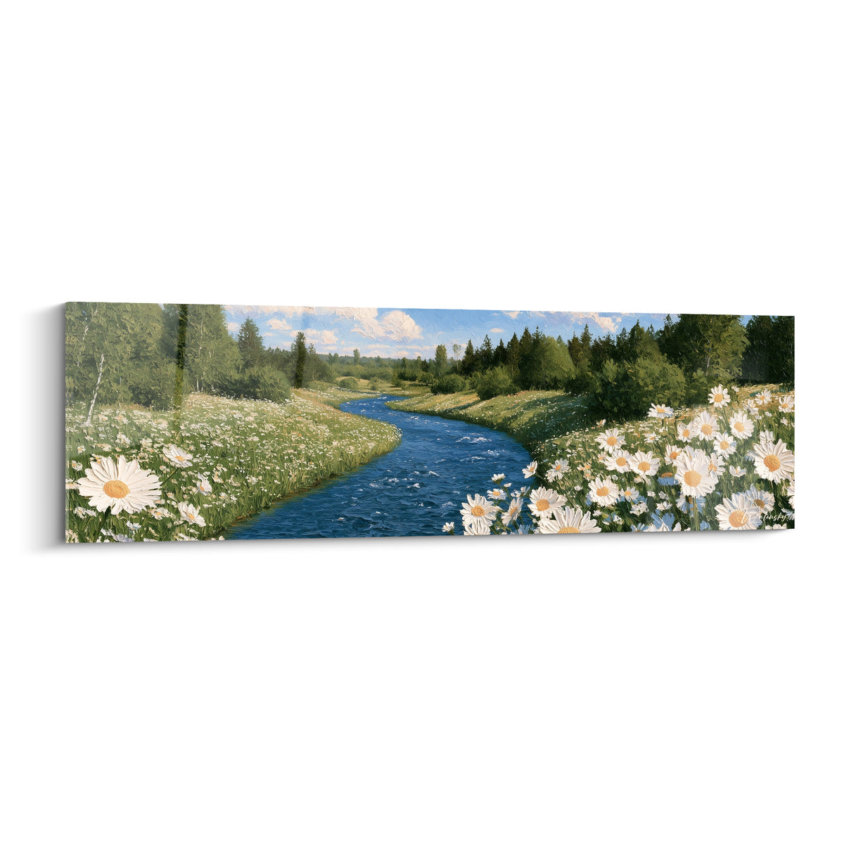 Rivière bleu marine serpentant entre marguerites blanches, style Peinture abstrait aux touches épaisses et lumineuses