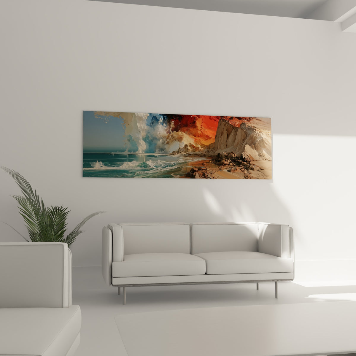 Roche embrasée et écume blanche du style Peinture abstrait, au-dessus d'un canapé dans un salon lumineux