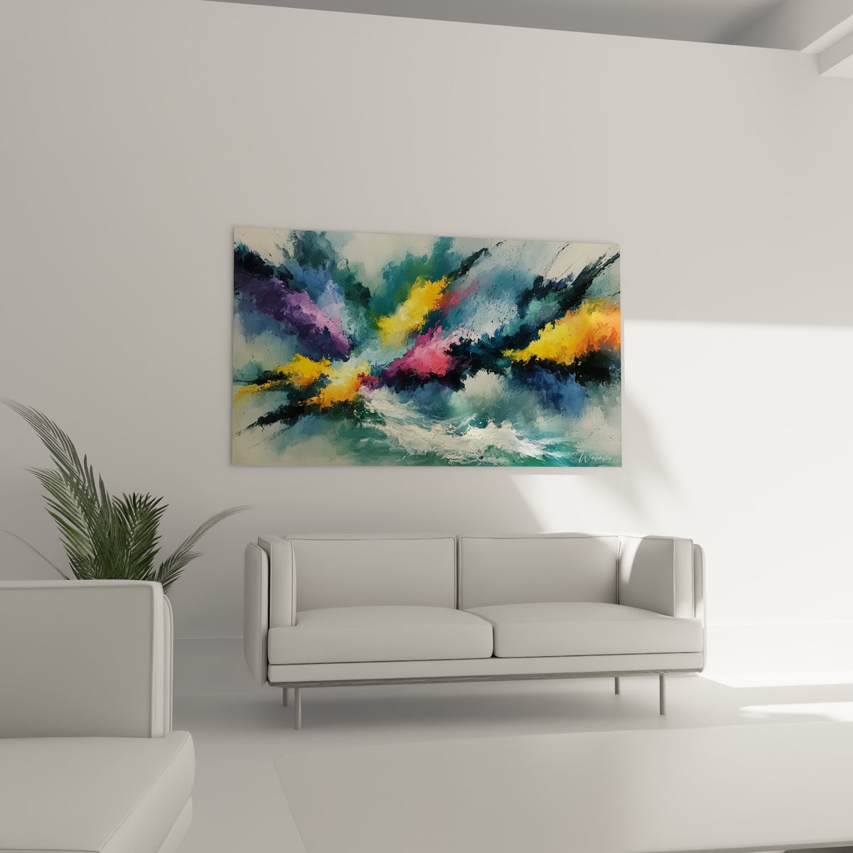 Composition tourbillonnante anthracite et orange vif, installée au-dessus d'un canapé dans un salon lumineux