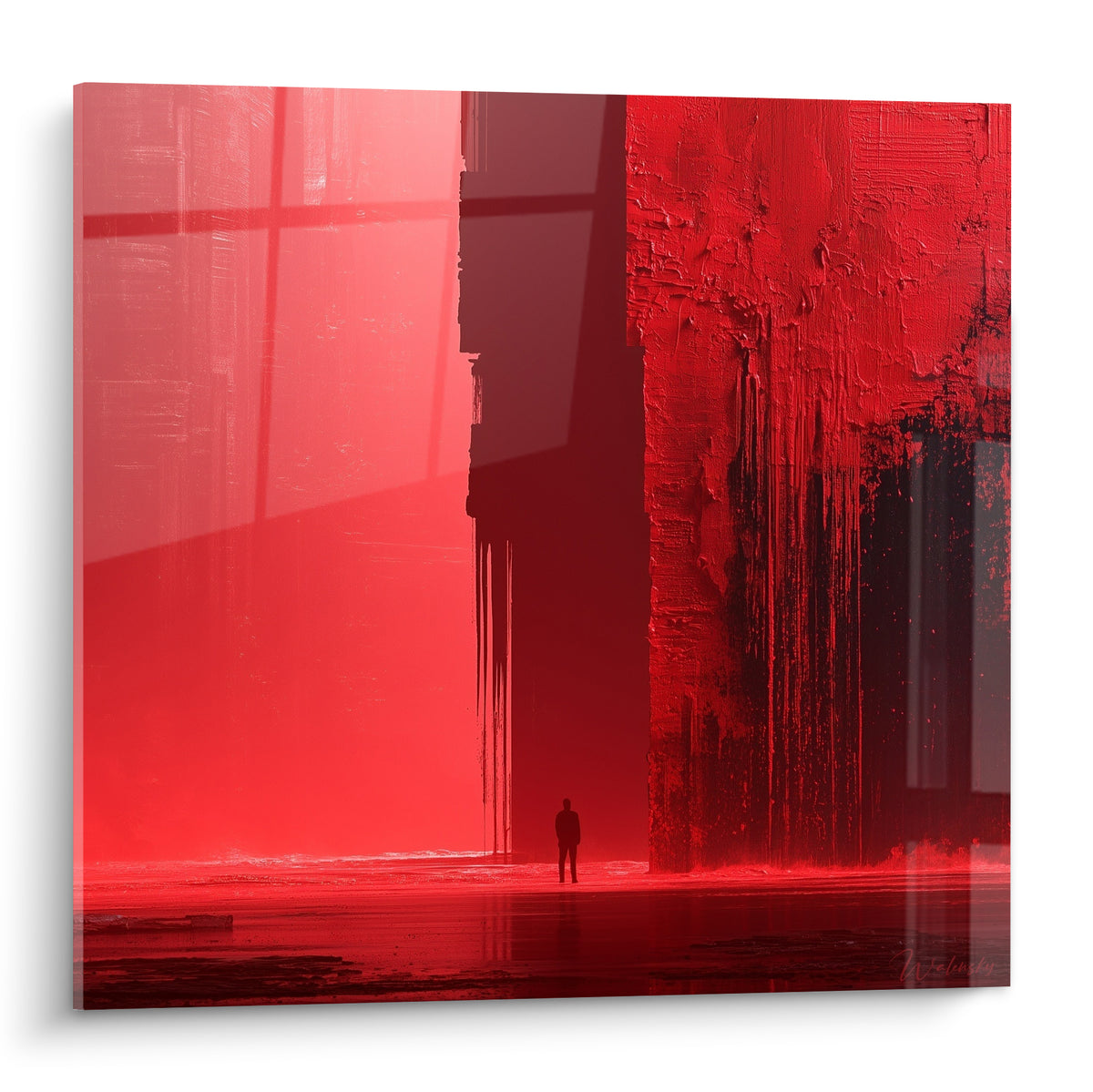 Silhouette isolée face à des murs rouge écarlate et anthracite, texture picturale empâtée, style Peinture abstrait