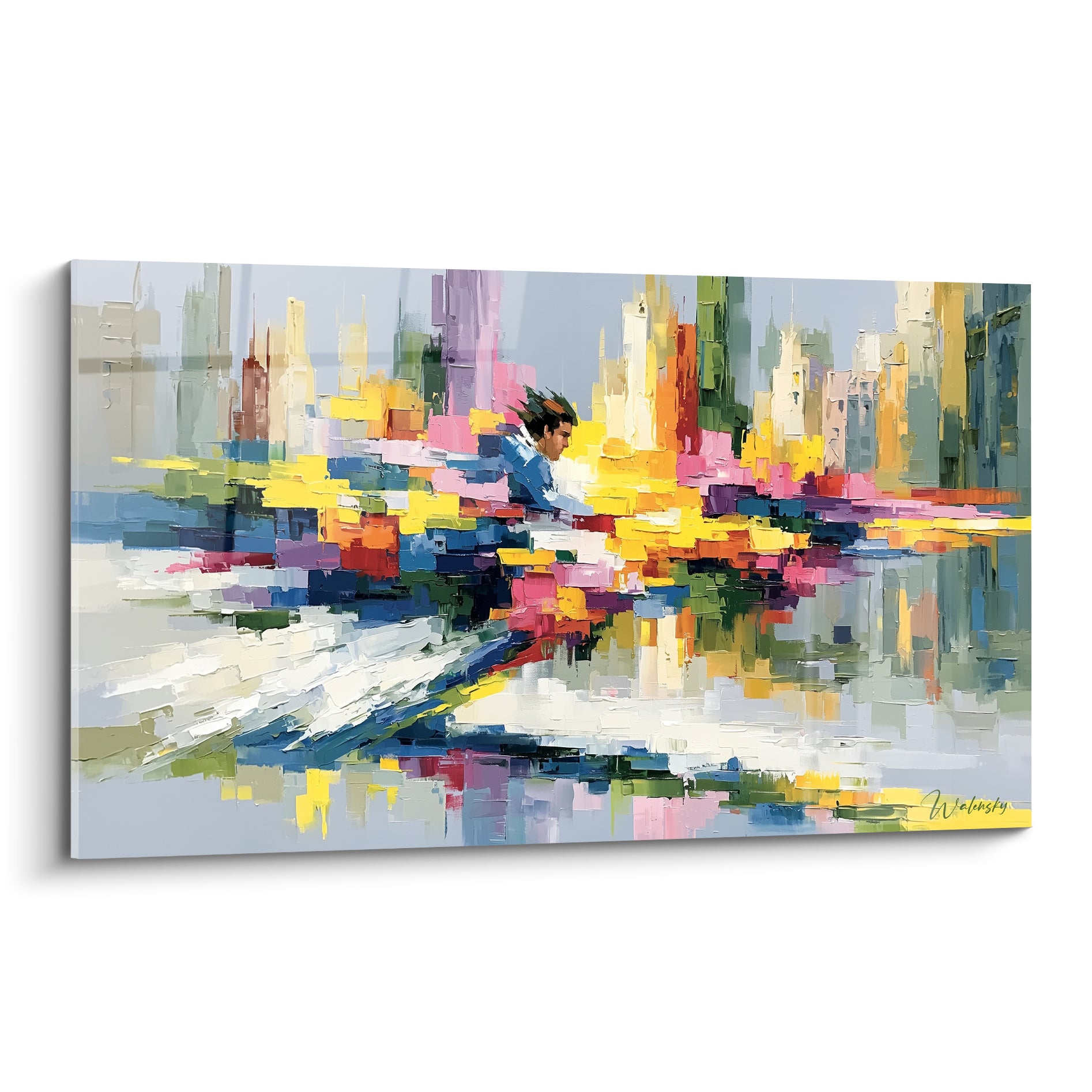 Skyline en touches jaune et rose fuchsia, silhouette masculine émergeant du style Peinture abstrait