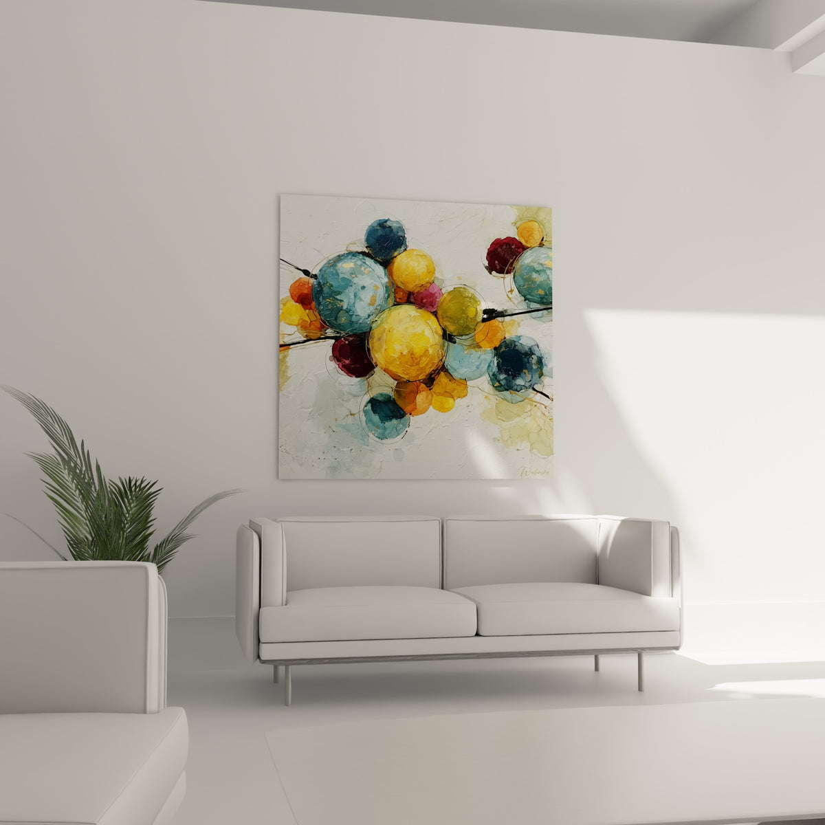 Grappe de sphères vert olive et bordeaux d'un tableau abstrait, au-dessus d'un canapé dans un salon lumineux