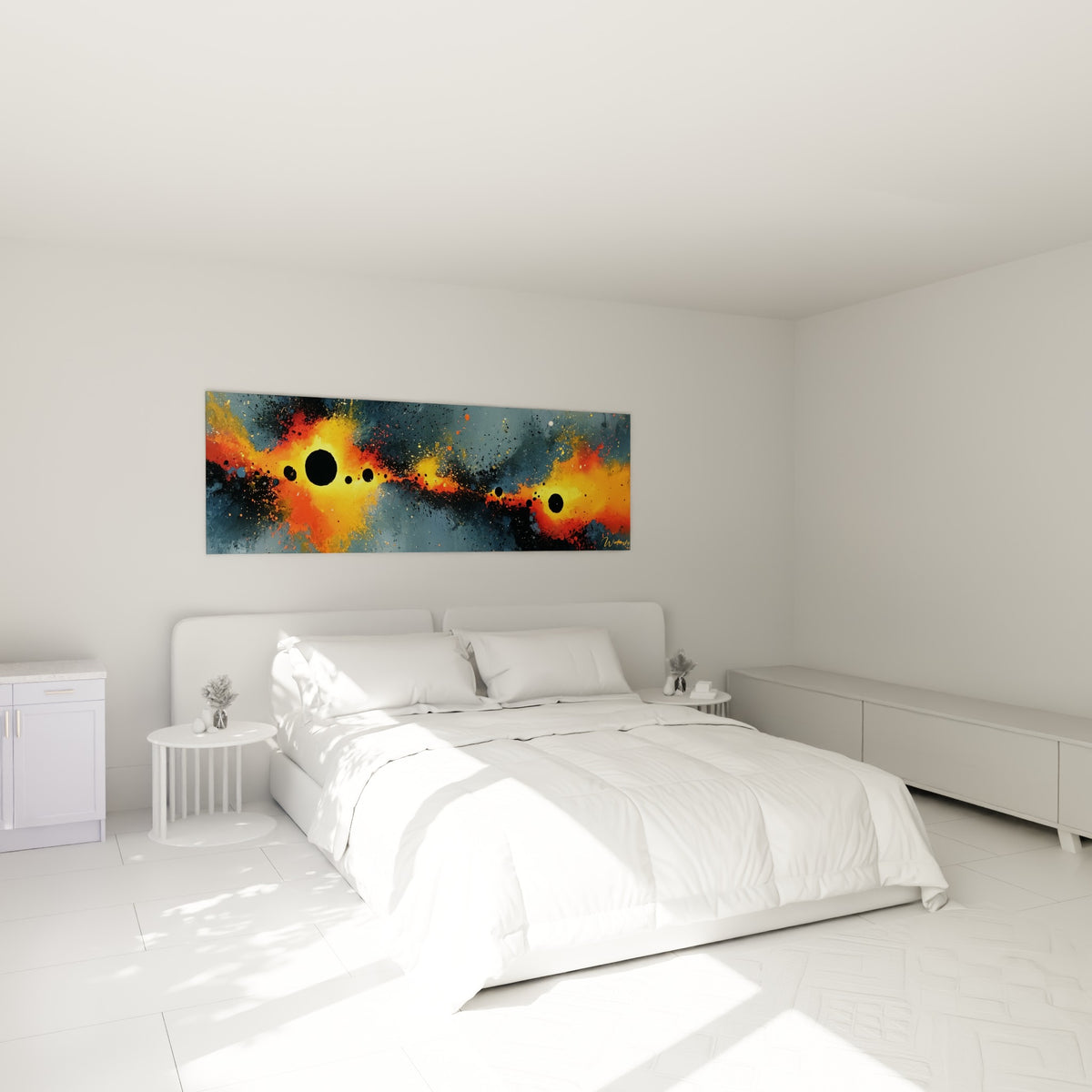 Éclats jaunes et anthracite du style peinture abstrait, accrochés au-dessus d'un lit dans une chambre claire