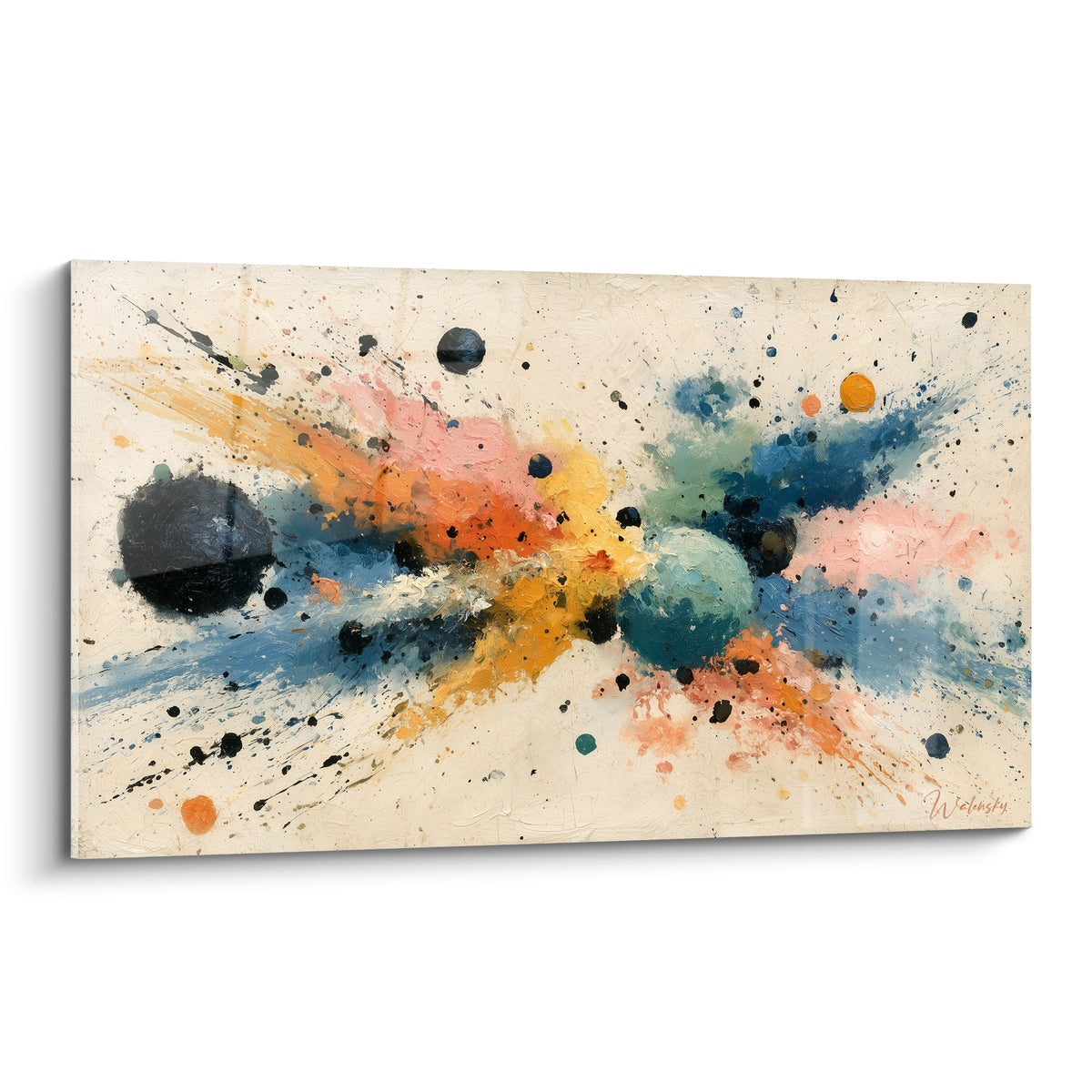 Sphères turquoise et ocre explosent sur fond ivoire, style Peinture abstrait aux textures épaisses et éclaboussures noires