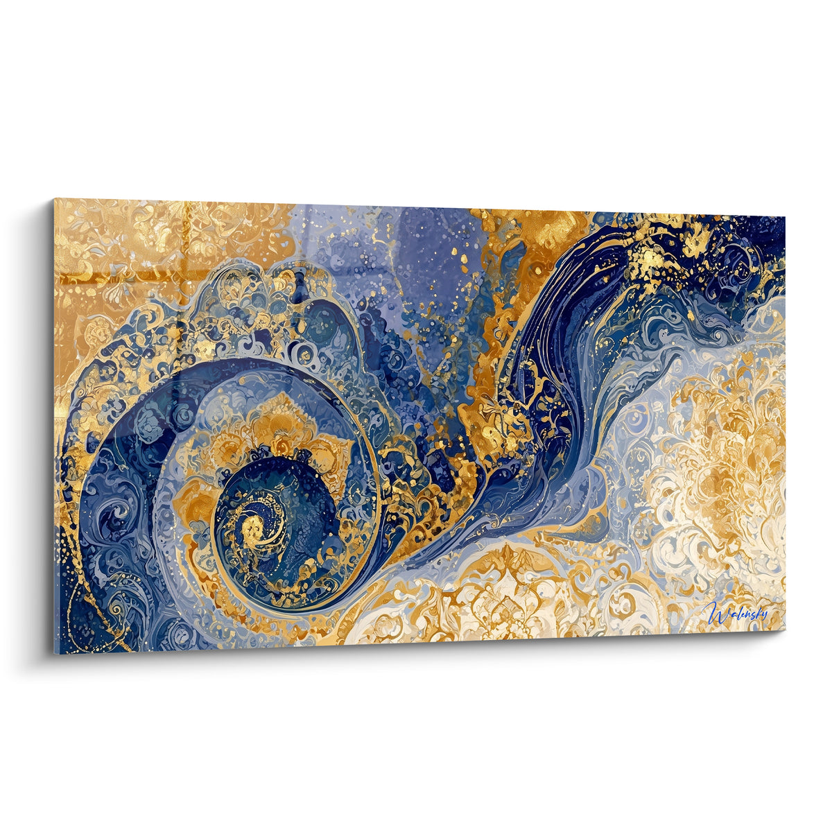 Spirale bleu marine et dorée en marbrure fluide, tableau abstrait aux volutes dorées lumineuses