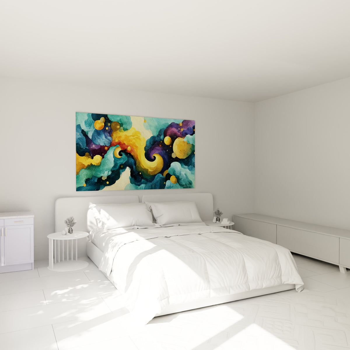 Spirale ocre et bleu marine du style Peinture abstrait, au-dessus d'un lit dans une chambre claire