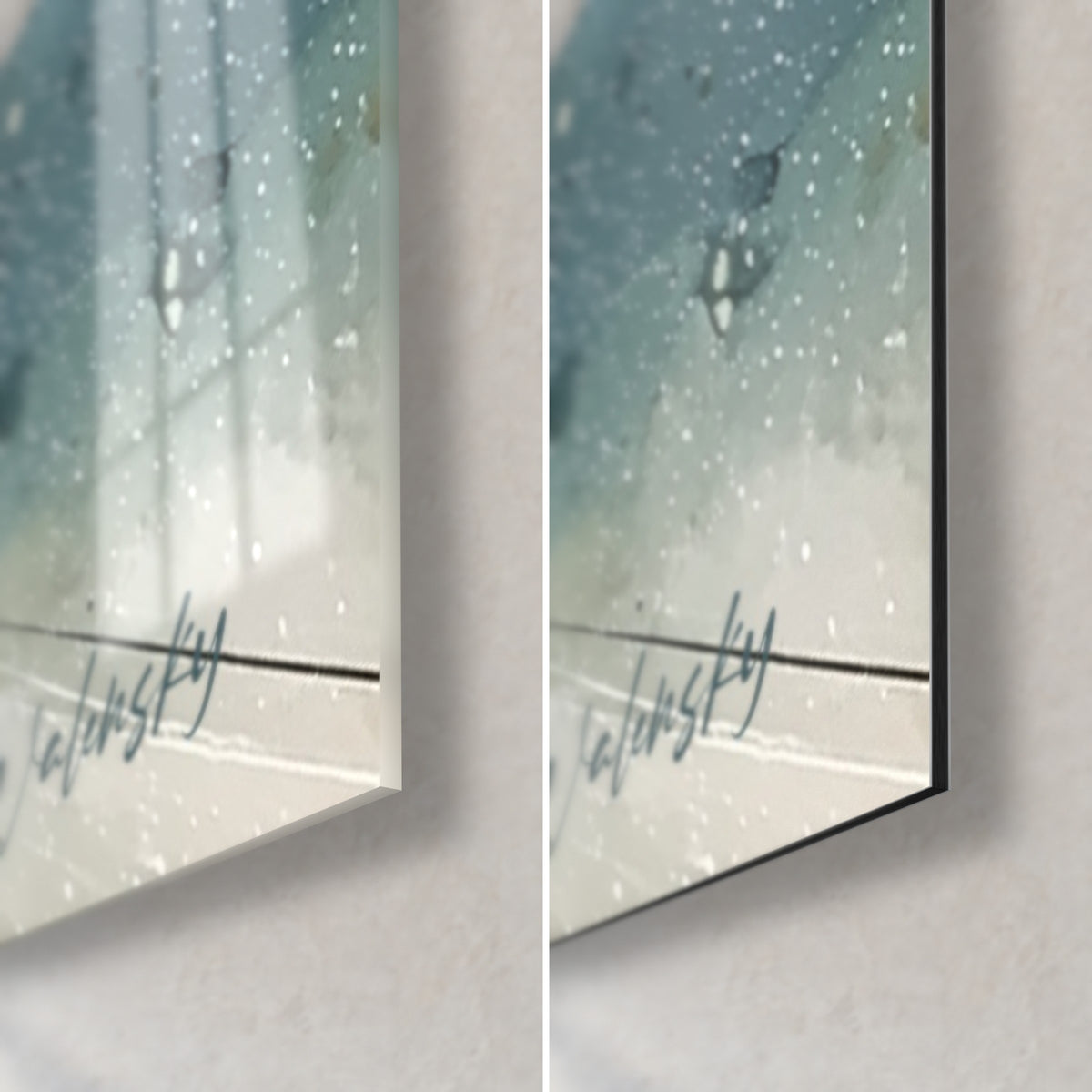 Wall art of a stormy sky in watercolour, bottom right corner: glossy glass on the left, matte black Dibond on the right, 3 mm edge visible