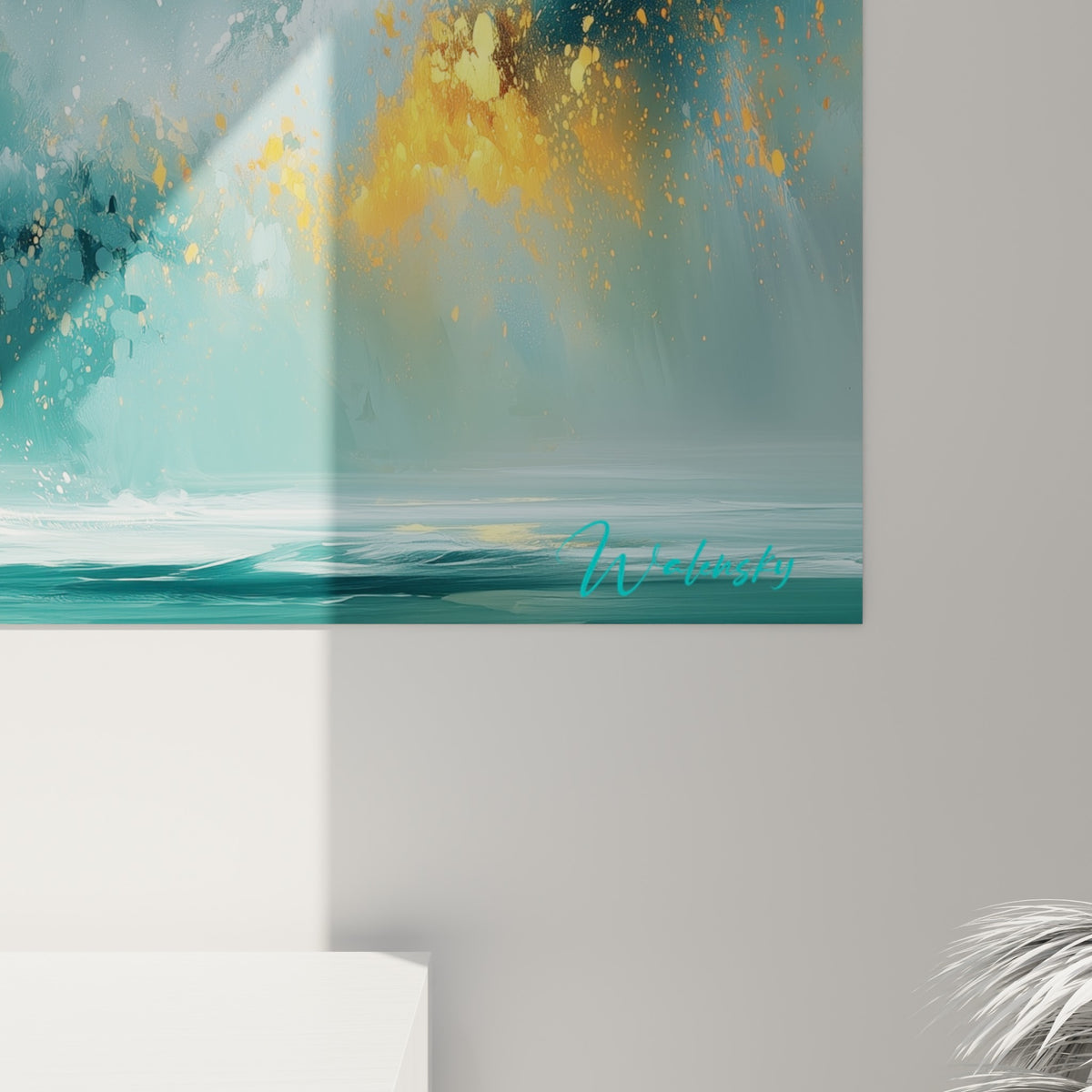 Matière picturale épaisse mêlant turquoise, doré et anthracite, coulures visibles en gros plan sur la toile