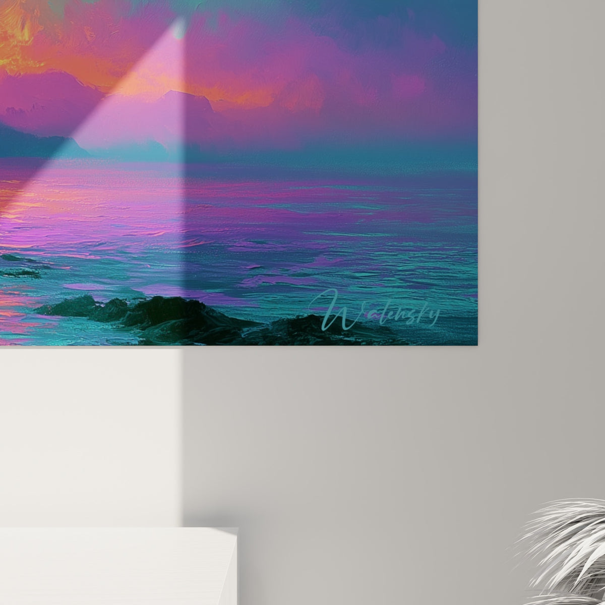 Empâtements orangés et coulures violettes visibles de près, matière épaisse d'une peinture de coucher de soleil
