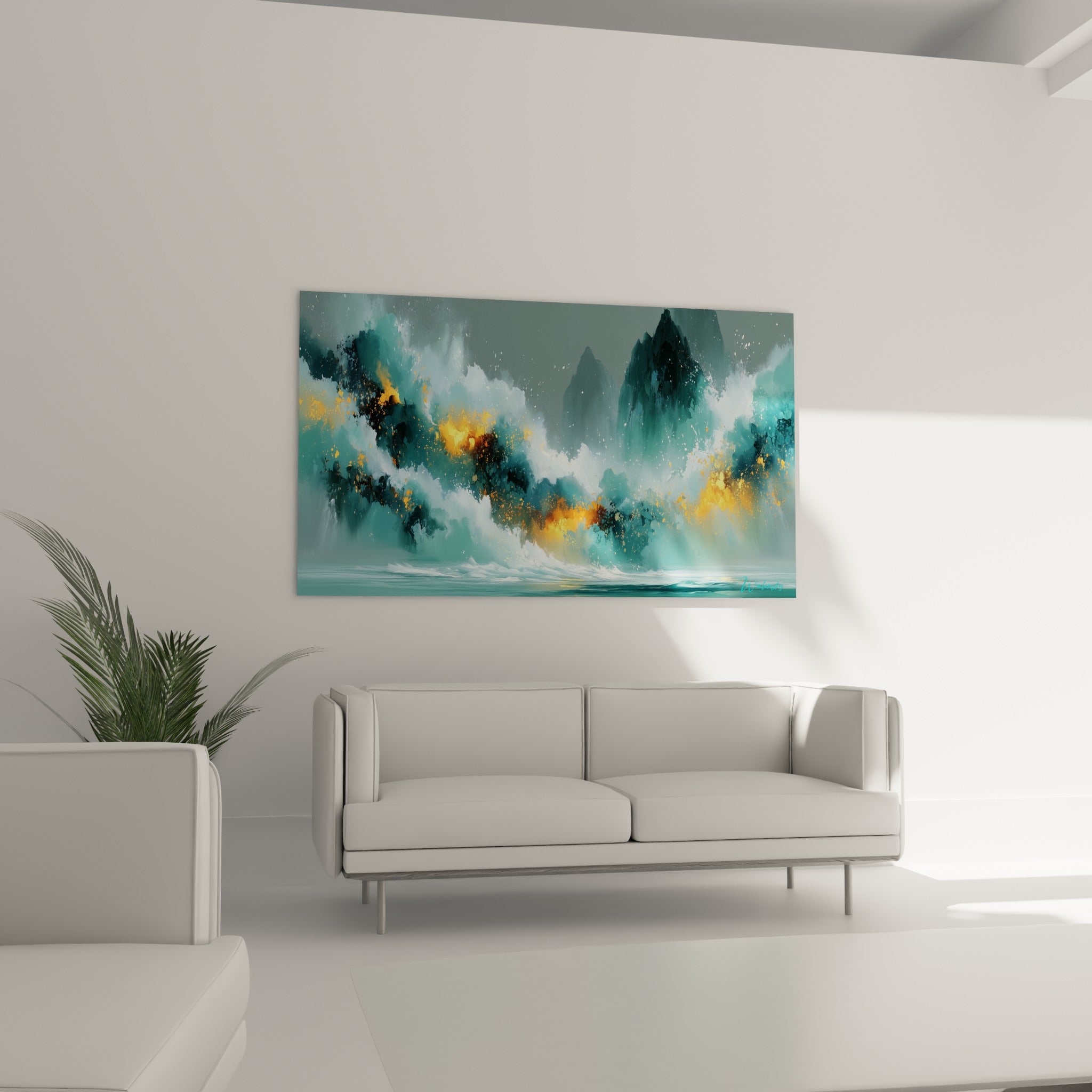Écume blanche et lueurs ambrées d'une vague abstraite, au-dessus d'un canapé dans un salon lumineux
