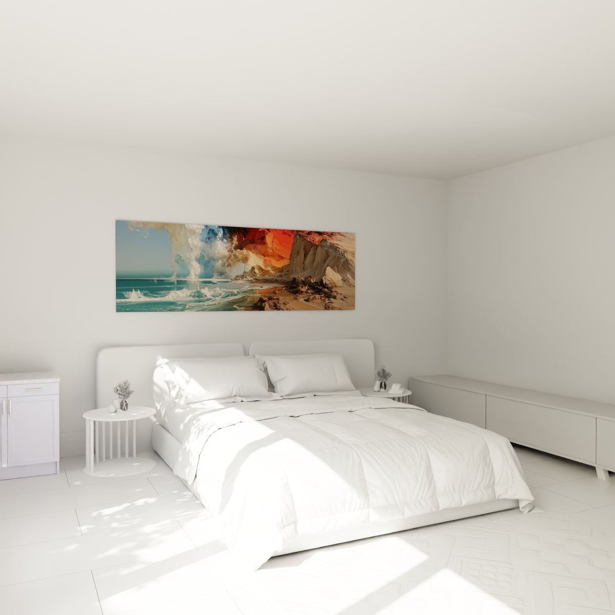 Vague turquoise et falaise orangée du style Peinture abstrait, au-dessus d'un lit dans une chambre claire