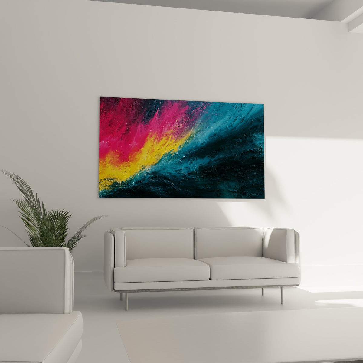 Diagonale bleu marine et jaune doré du style Peinture abstrait, au-dessus d'un canapé dans un salon lumineux