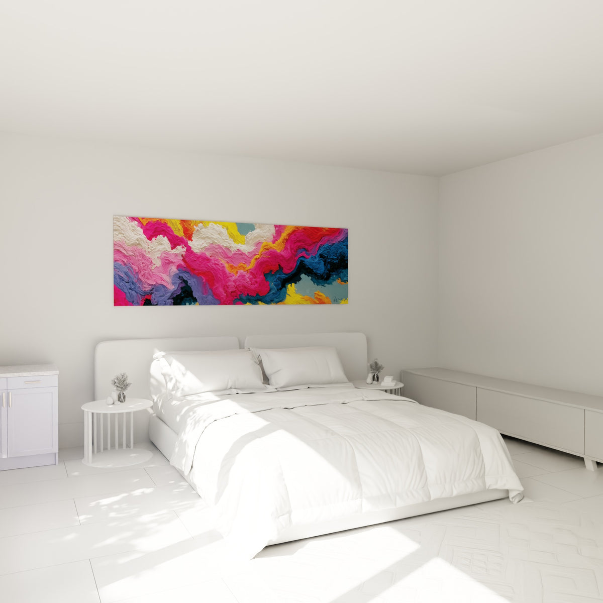 Torrent coloré rose et doré du style Peinture abstrait, au-dessus d'un lit dans une chambre claire