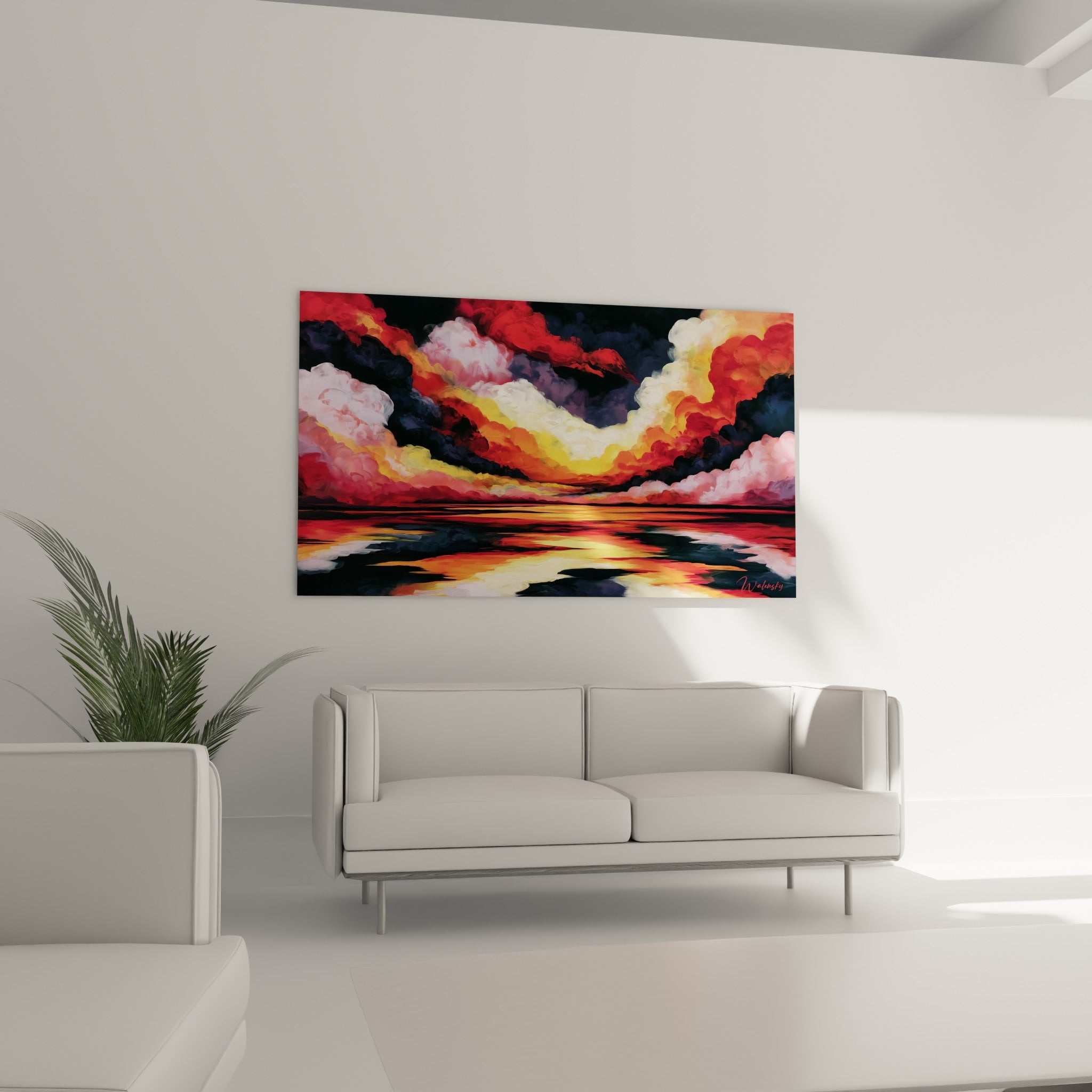Vagues de feu orange et anthracite composant ce tableau style Peinture abstrait, au-dessus d'un canapé dans un salon lumineux