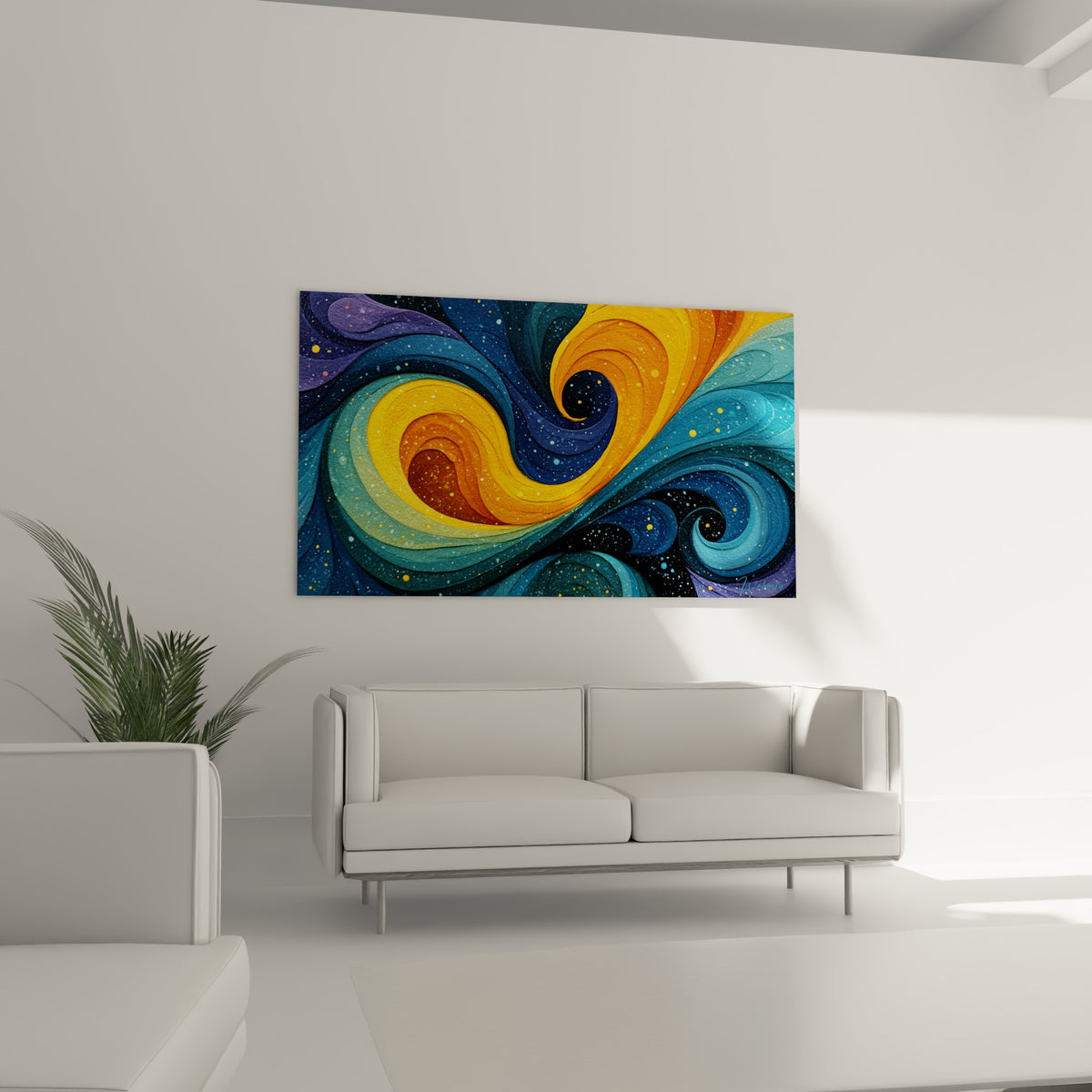 Vagues dorées et turquoise du style Peinture abstrait, suspendues au-dessus d'un canapé dans un salon lumineux