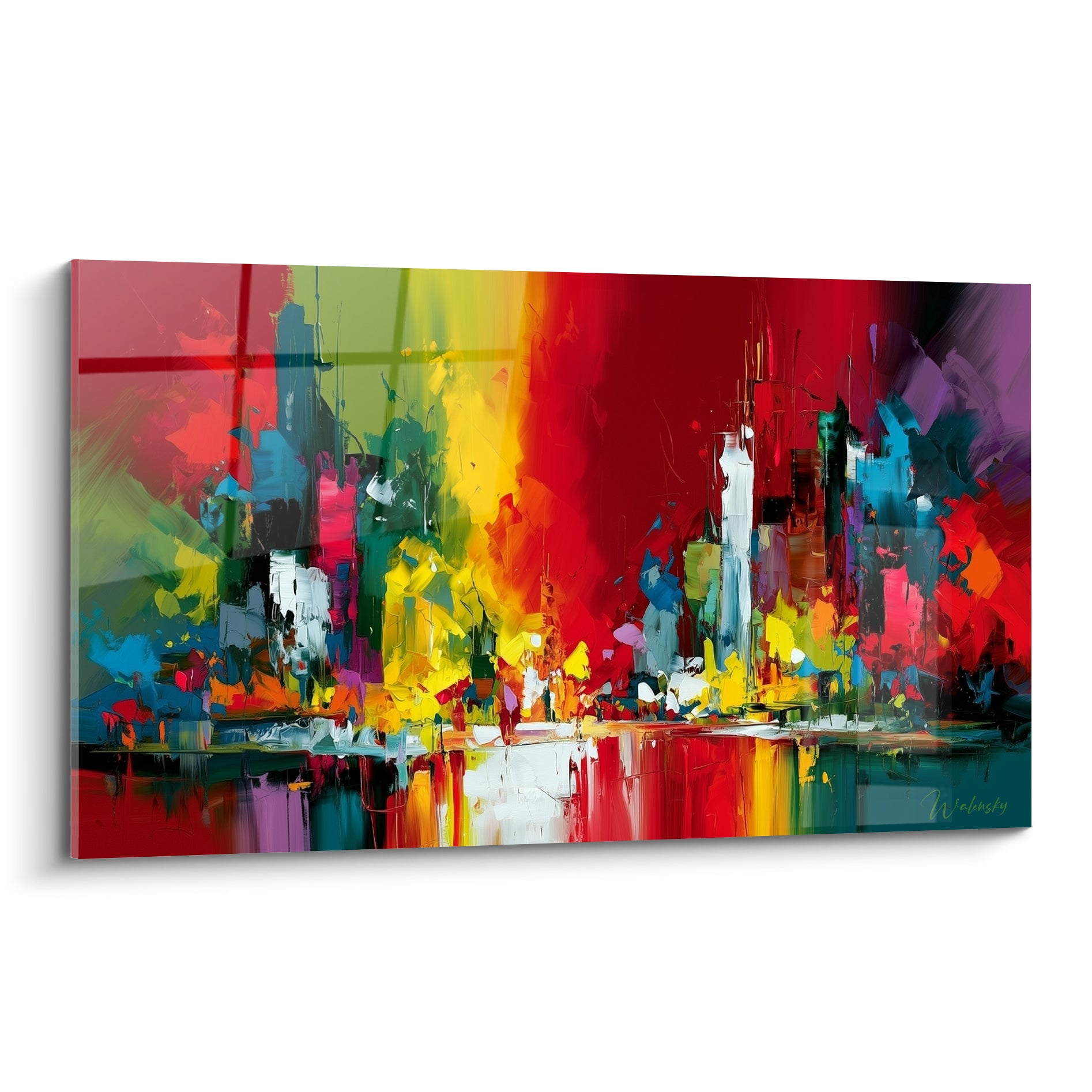 Skyline urbaine abstraite en rouge et jaune, gratte-ciel esquissés au couteau, style Peinture abstrait