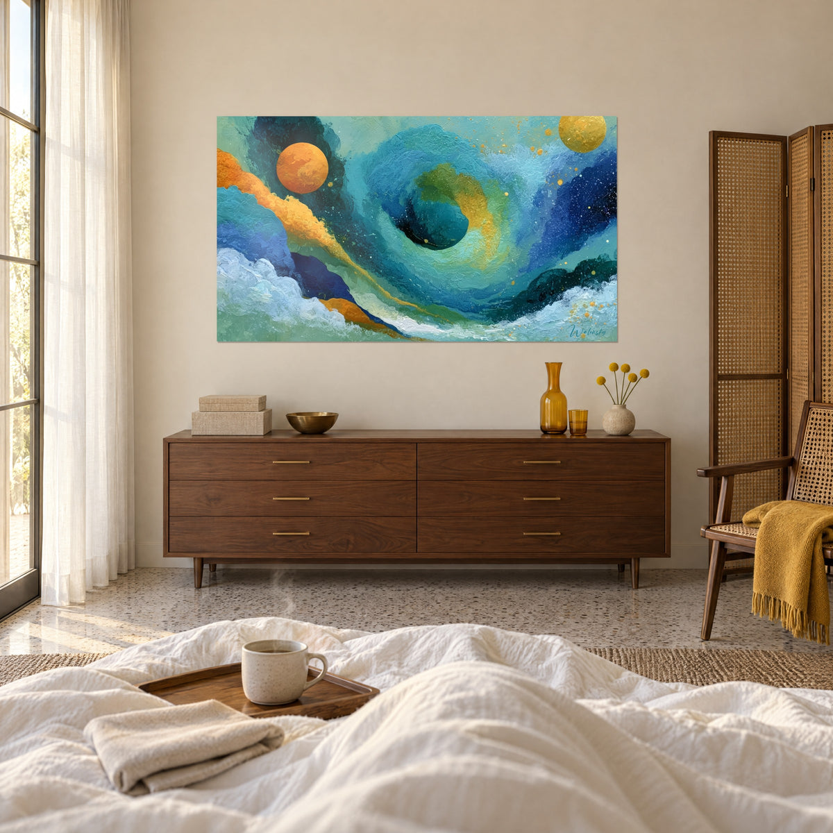 Cuadro galaxia abstracta en empastes verde mar y naranja azafrán, colgado encima de una cama en un dormitorio luminoso
