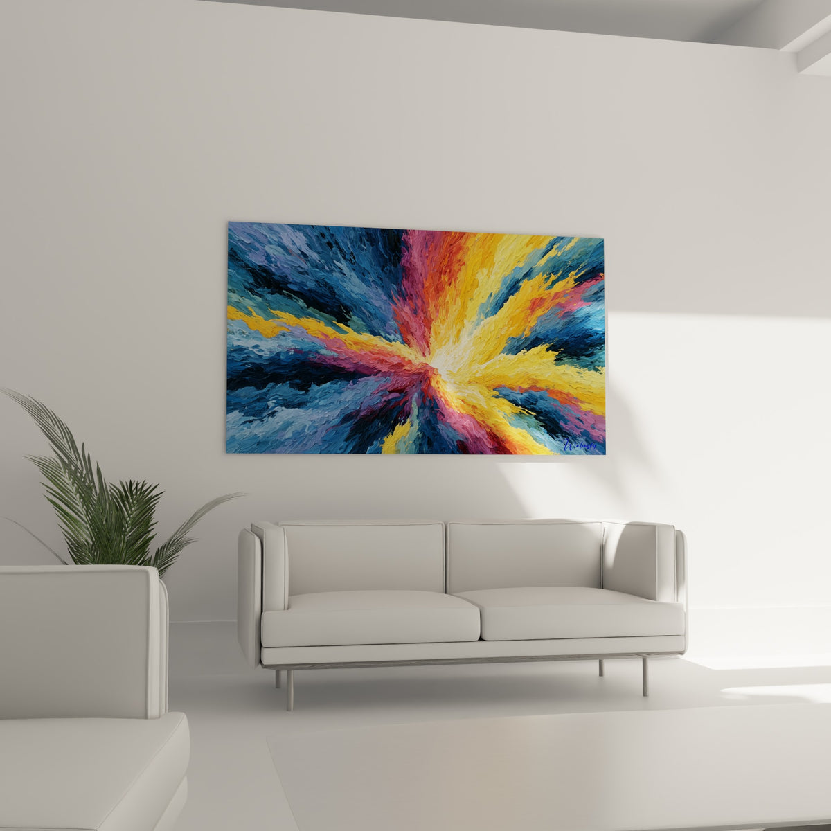Vortex orangé et anthracite se déployant en rayons, accroché au-dessus d'un canapé dans un salon lumineux