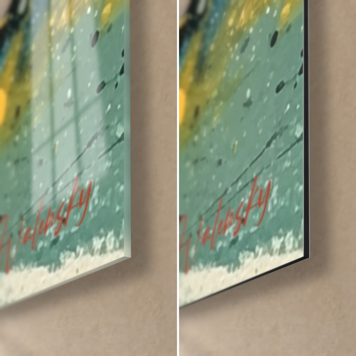 Tableau tourbillon abstrait jaune et bleu canard, coin bas droit, signature rouge, verre brillant à gauche, Dibond mat à droite