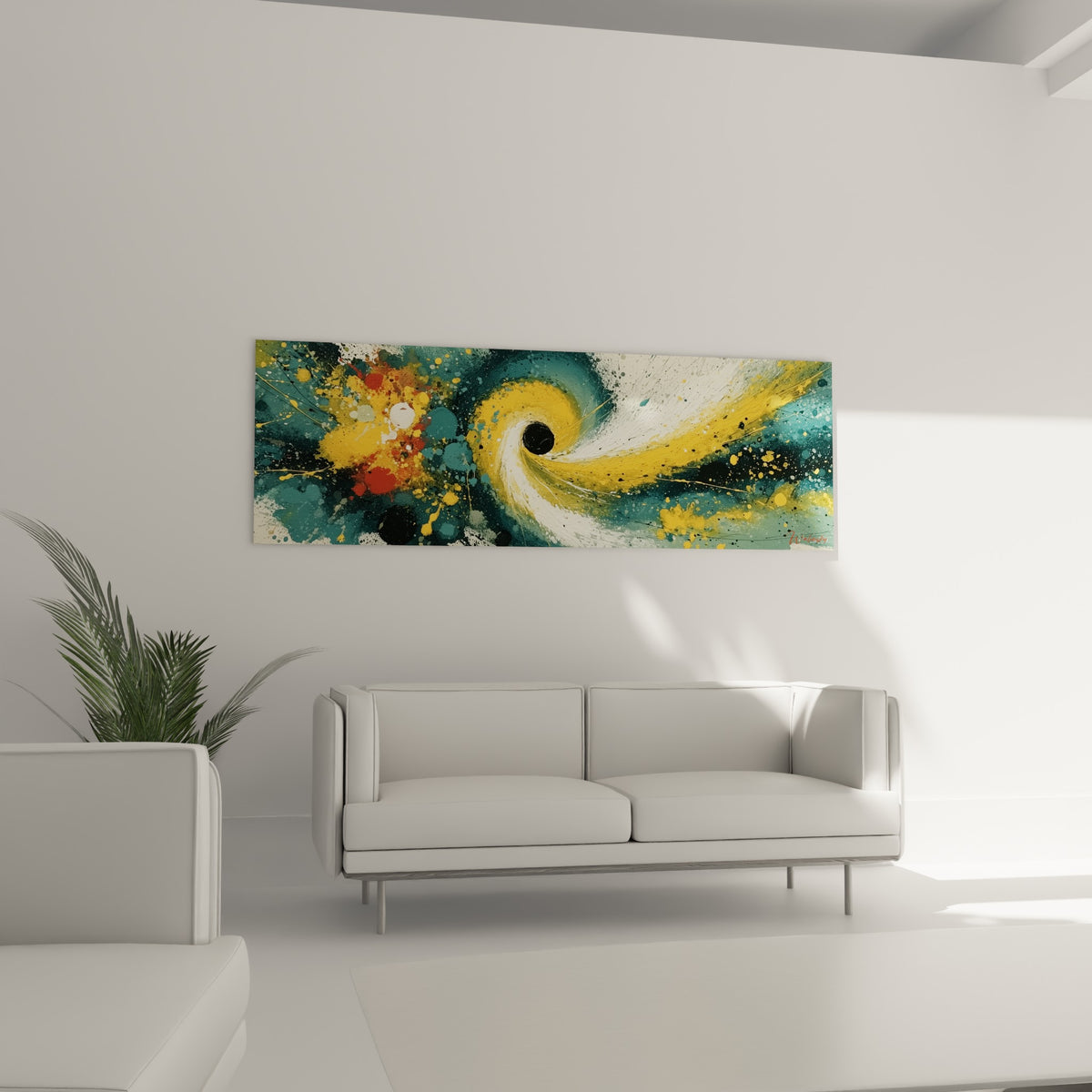 Tourbillon doré et blanc traversant un fond bleu canard, disposée au-dessus d'un canapé dans un salon lumineux