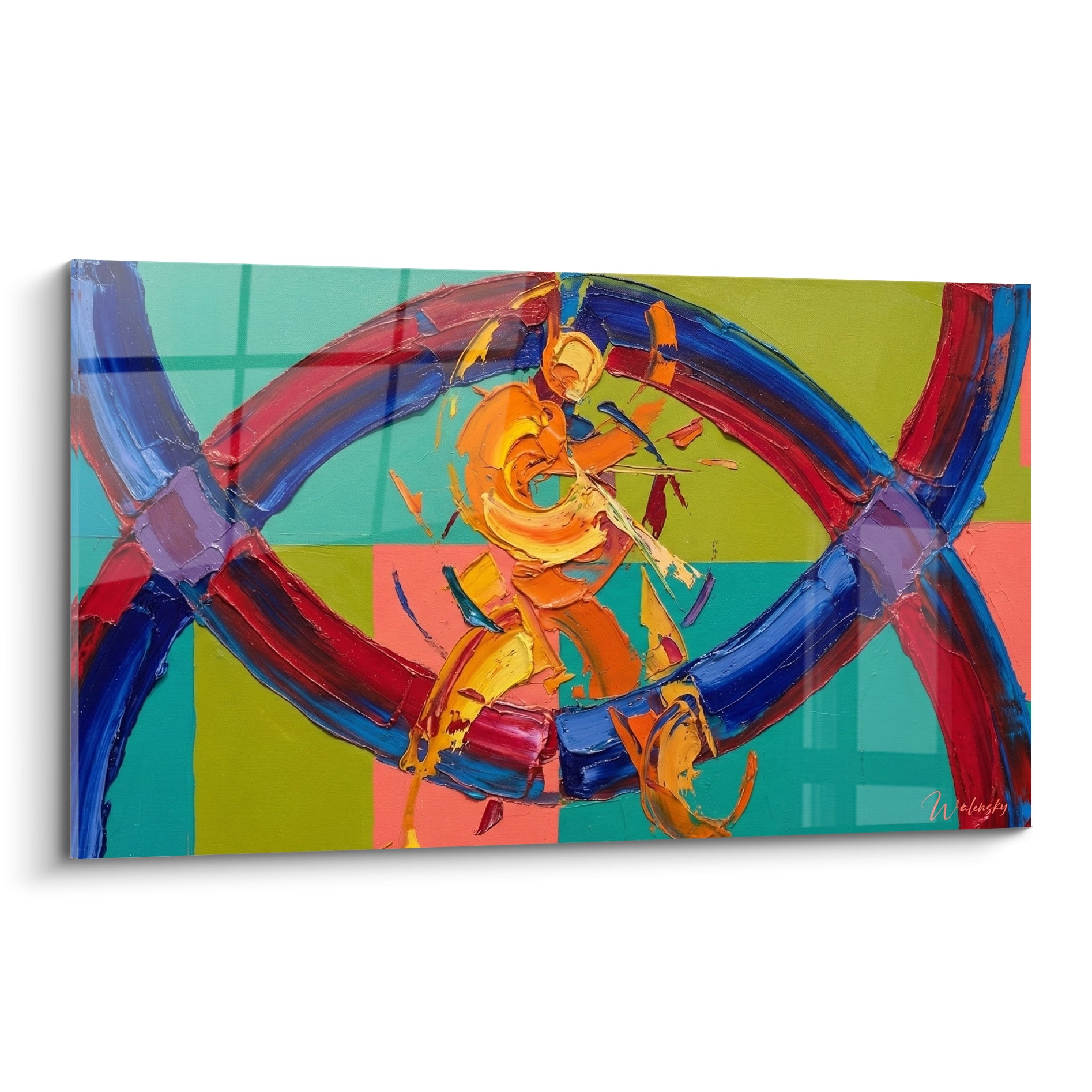 Anneaux bleu marine et rouge entrelacés sur fond vert olive et corail, style peinture abstraite