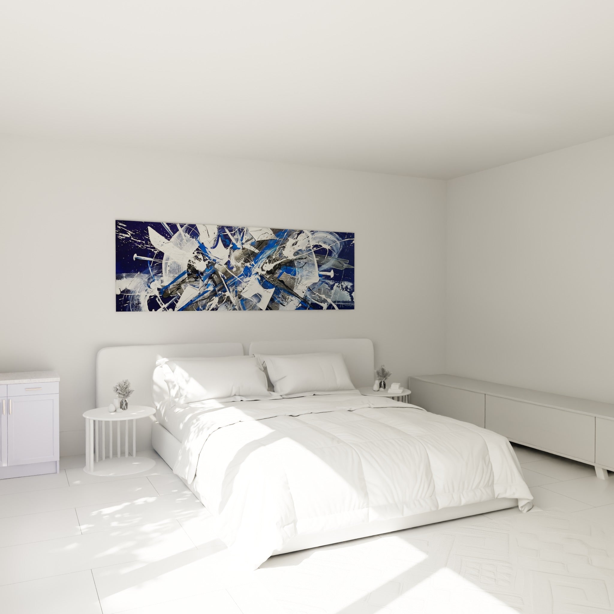 Projections anthracite et blanches de ce tableau style peinture au-dessus d'un lit dans une chambre claire