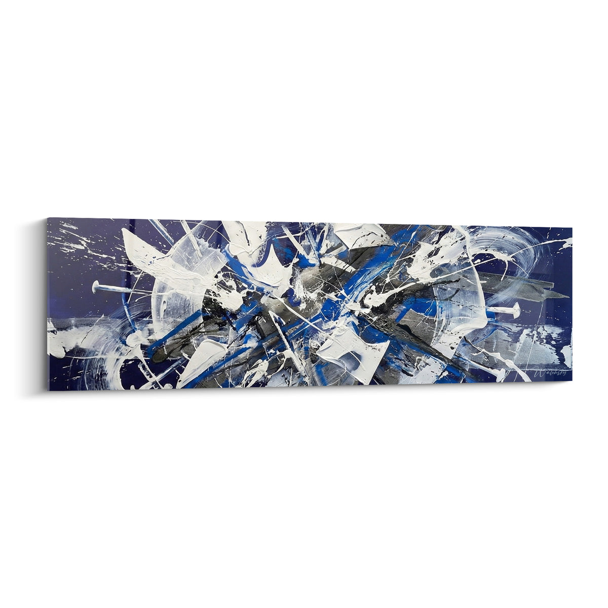Éclaboussures bleu marine et blanc composant ce tableau style peinture gestuel abstrait