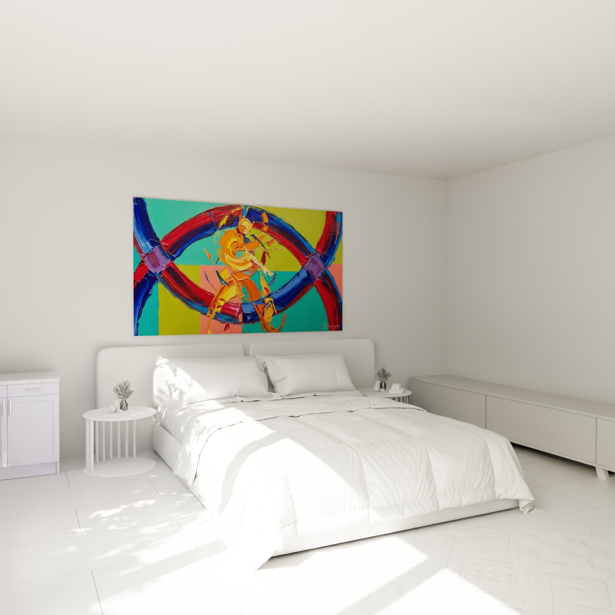 Composition abstraite bleu et rouge aux touches dorées, au-dessus d'un lit dans une chambre claire
