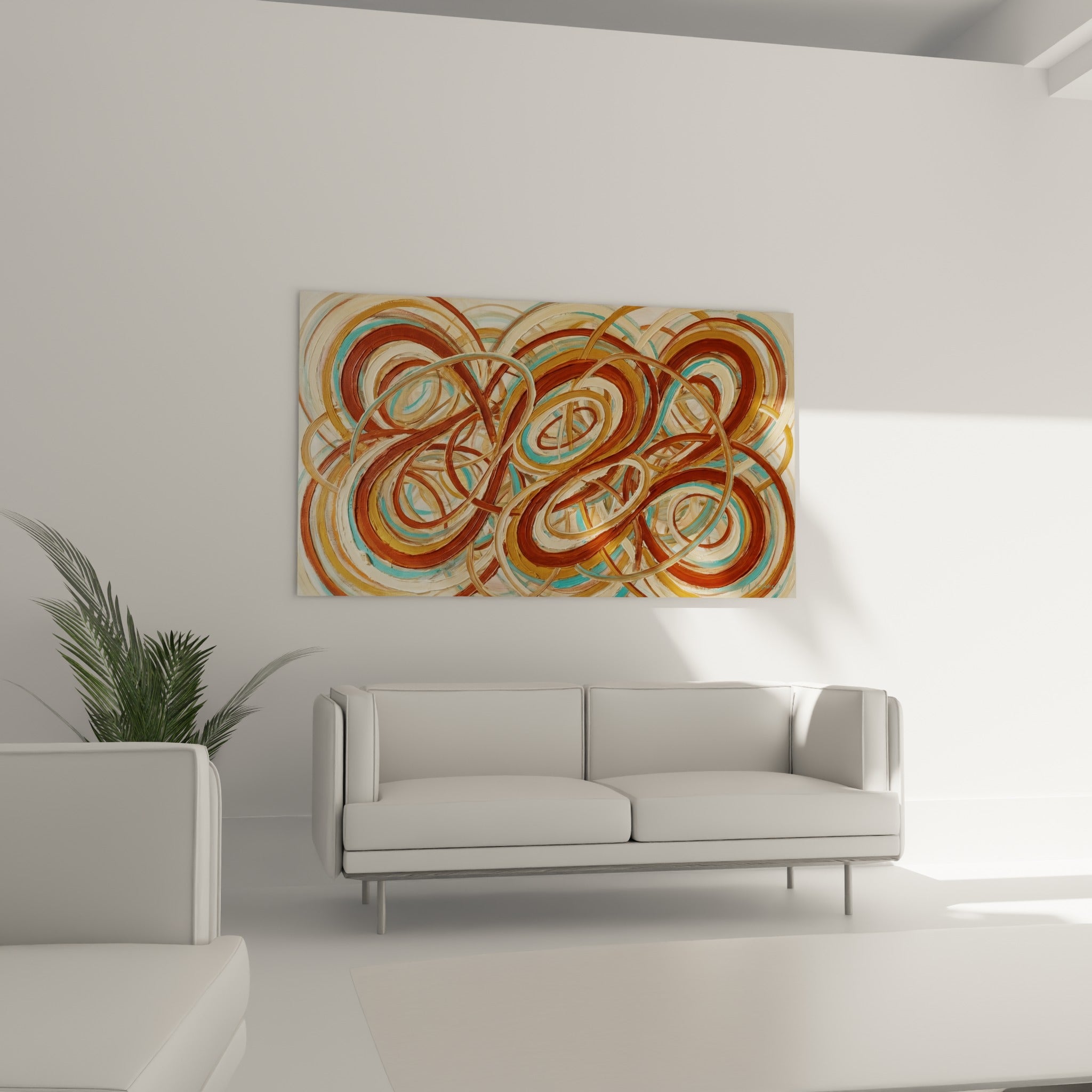 Courbes terracotta et turquoise imbriquées au-dessus d'un canapé dans un salon lumineux, style peinture