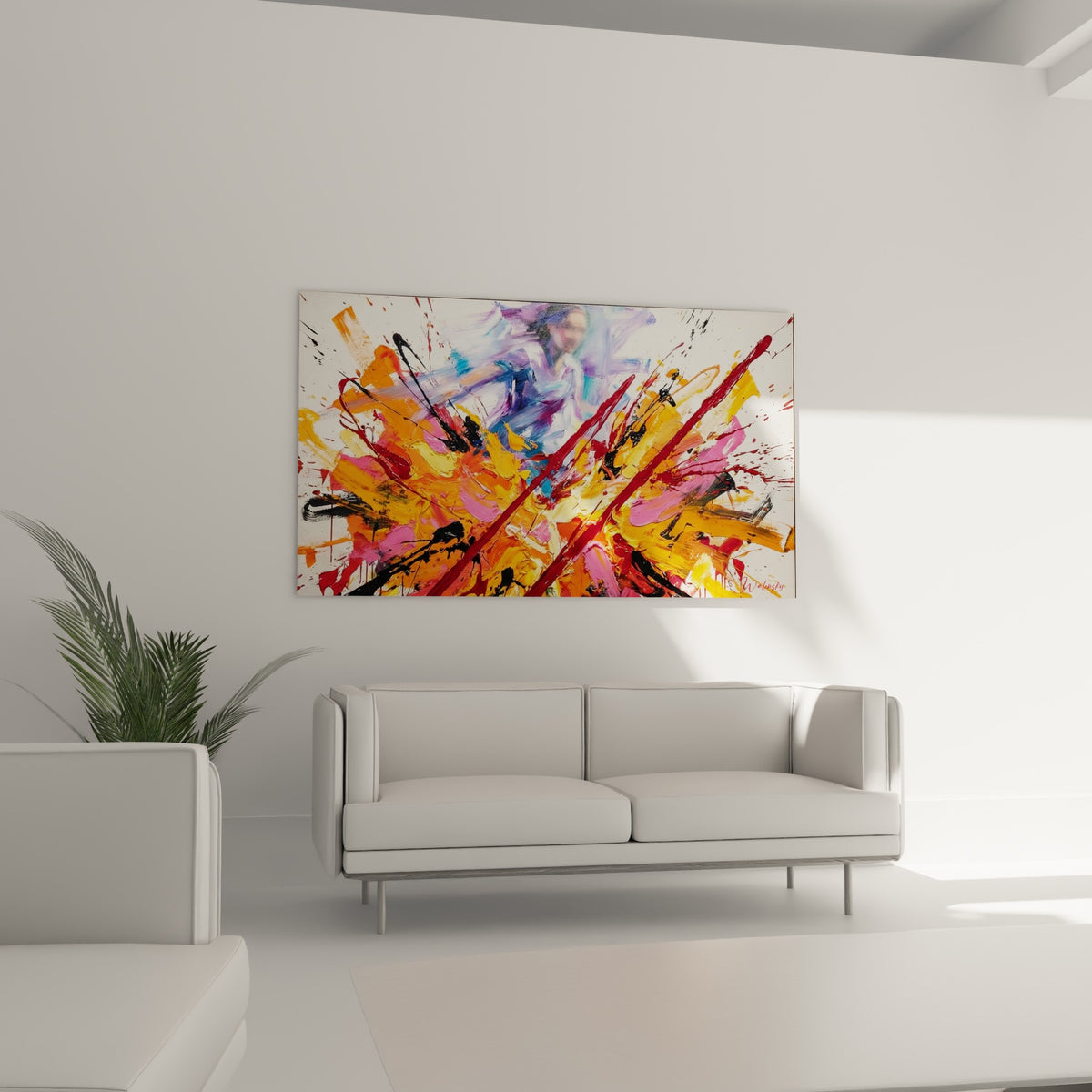 Explosion chromatique orange et rose autour d'une silhouette, style peinture au-dessus d'un canapé dans un salon lumineux