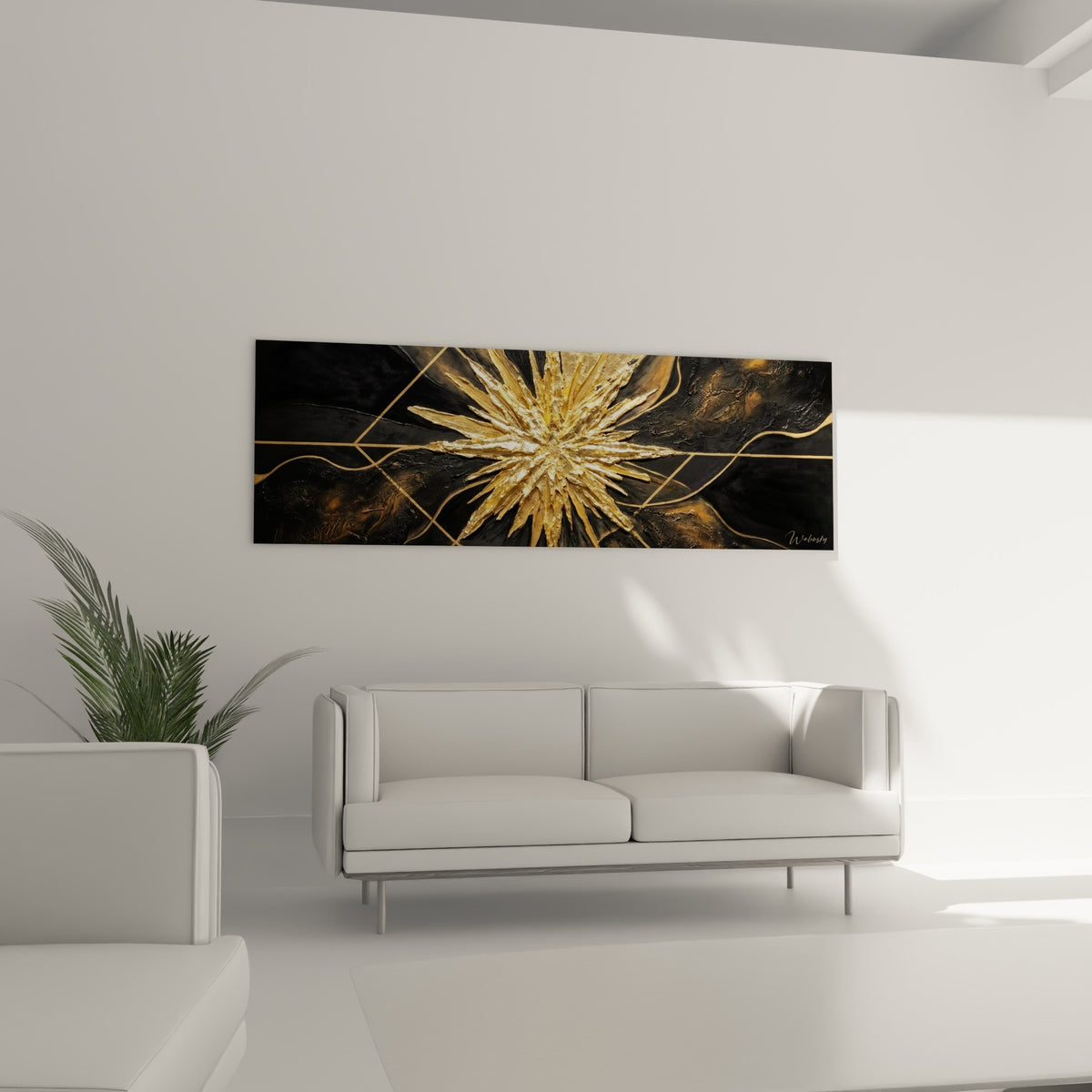 Explosion dorée aux reflets bronze sur fond anthracite, tableau au-dessus d'un canapé dans un salon lumineux.