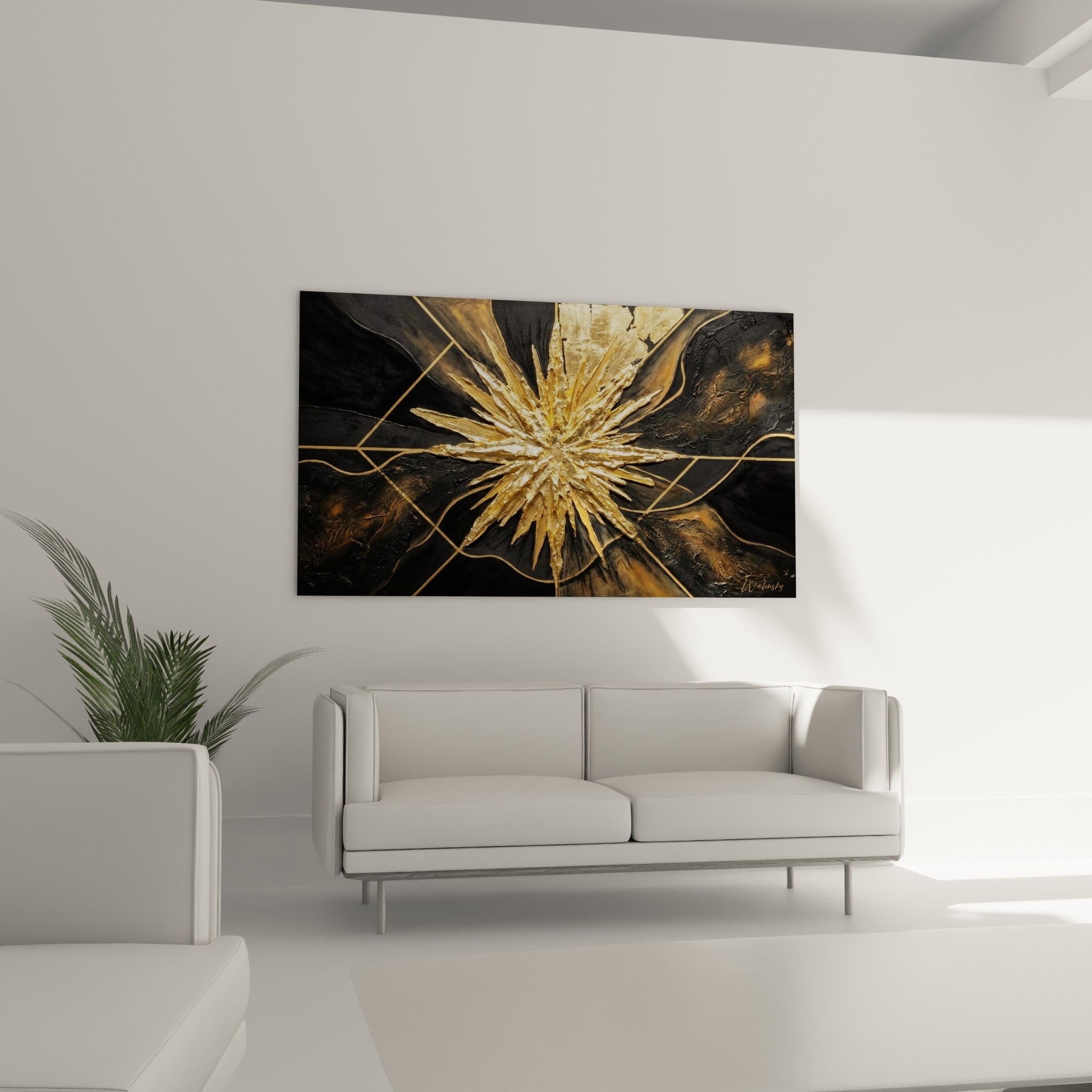 Motif étoilé bronze et or éclatant sur toile anthracite, disposé au-dessus d'un canapé dans un salon lumineux