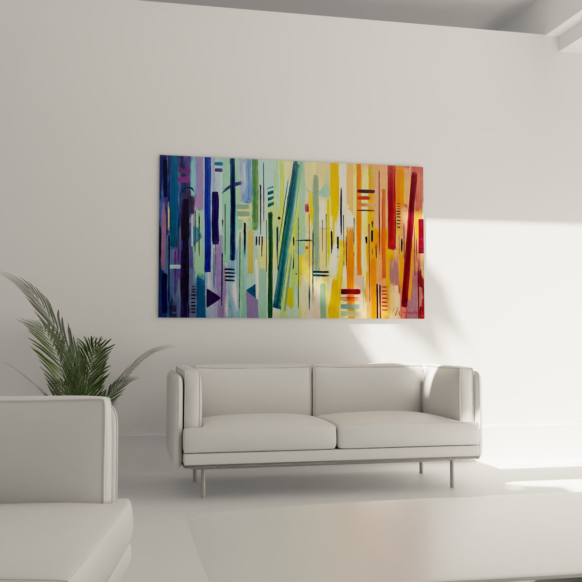 Rythme graphique de bandes ocre et lavande ponctuées de motifs noirs, au-dessus d'un canapé dans un salon lumineux