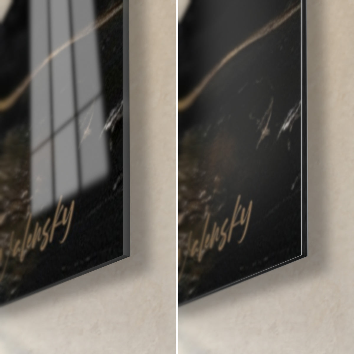 Gemälde mit goldenem Stern, tiefes Schwarz und kupferfarbene Linie, untere rechte Ecke: glänzendes Acrylglas und mattes Dibond-Aluminium, 3 mm Stärke