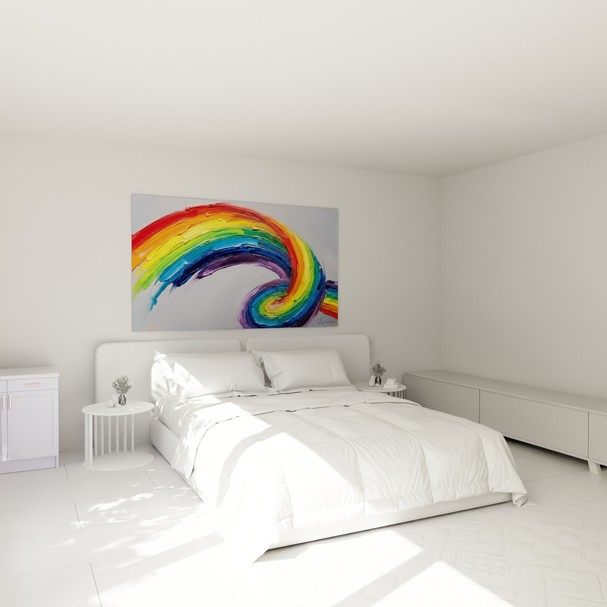 Tourbillon arc-en-ciel texturé, orange et violet profond, au-dessus d'un lit dans une chambre claire